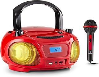 Auna Portable Radio CD Player for Home, 3W Boombox FM+ Radio with Bluetooth + AUX, Stereo System w/Mic, LED Lights & Carrying Handle, USB, MP3 & Bluetooth 5.0 Streaming, Boombox Radio Mains Powered