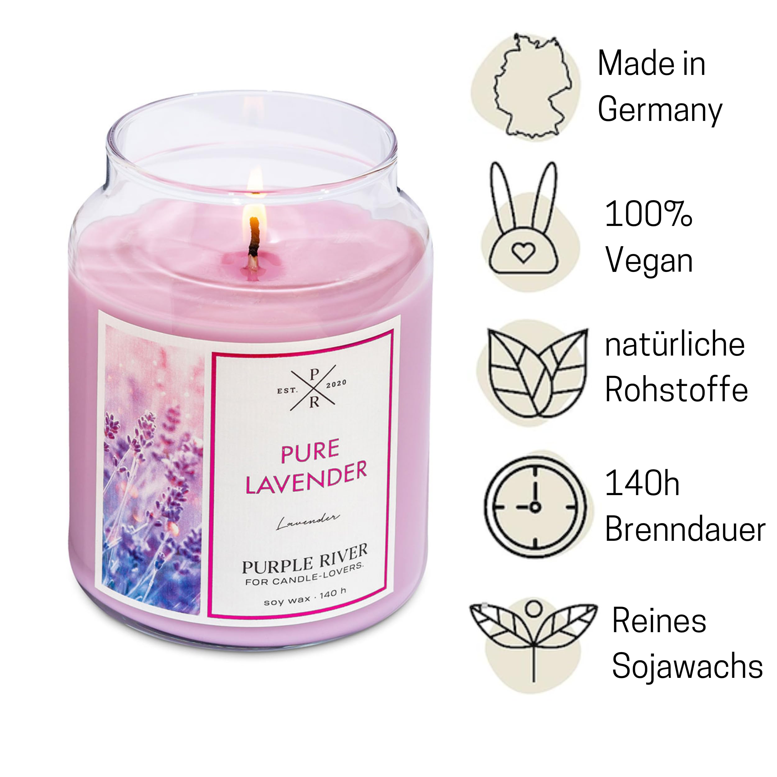 Purple River Vela perfumada grande de cera de soja en cristal con tapa, lavanda pura (623 g), fragancia de lavanda fresca para tu hogar, vela perfumada con largo tiempo de combustión de hasta 140