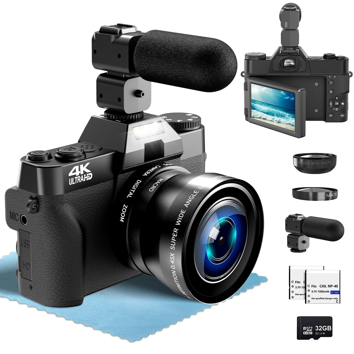 webamera 4k 56mp con obiettivo ampio e macro 180° rotante