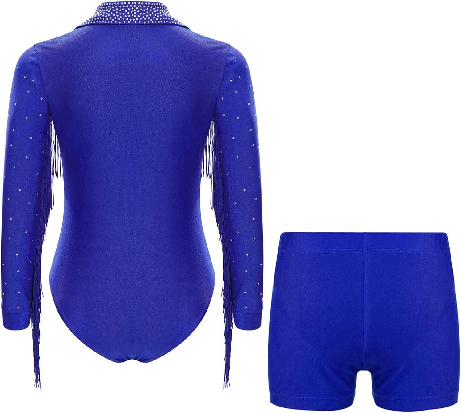Linjinx Kids Boys Gymnastics Leotard Rhinestone Tassel Long Sleeve Latin Ballroom Dance Bodysuit with Shorts Set