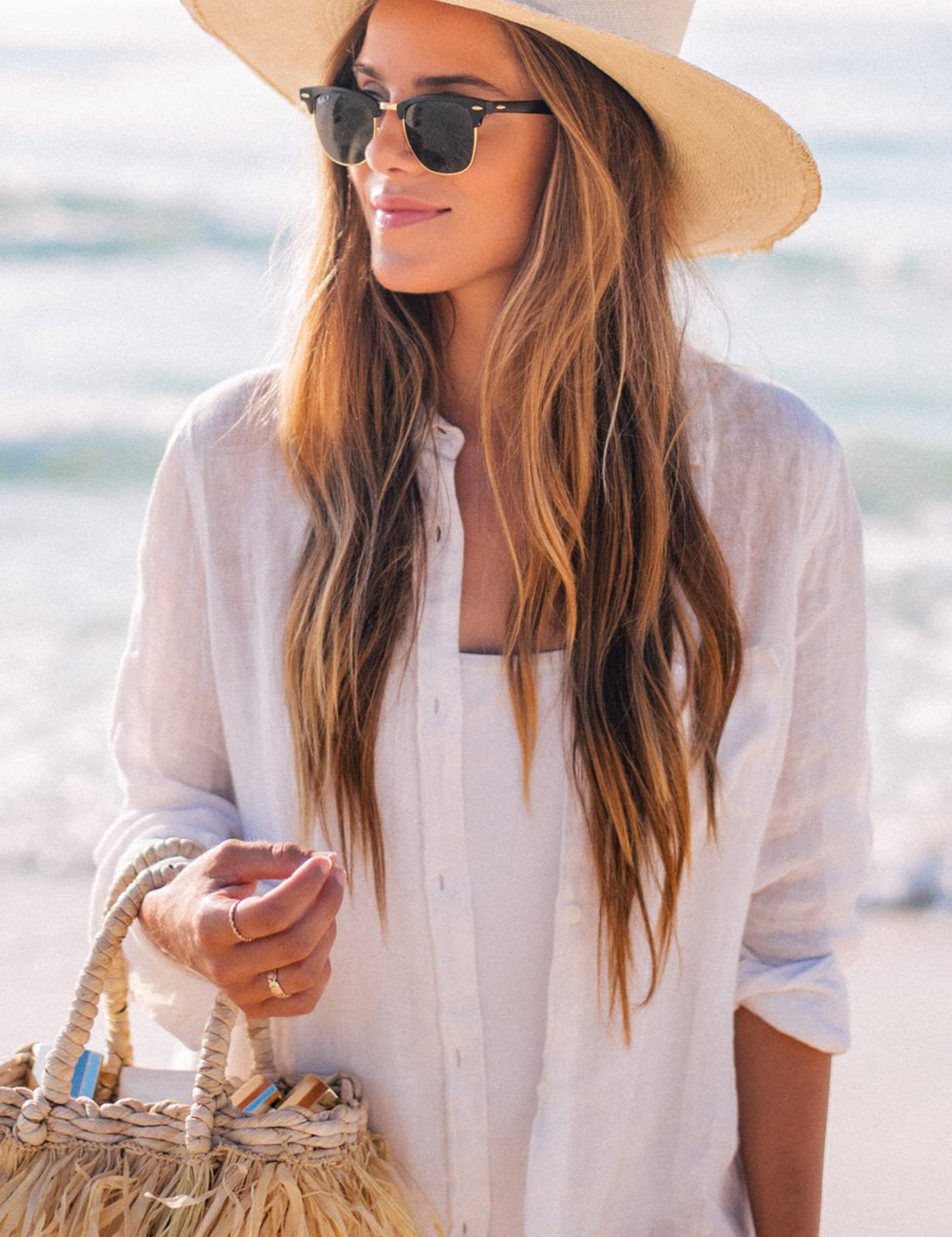 Niwicee Chemise Femme De Plage Ete, Tunique Paréo Chemisier Plage Chic Manches Longues Fluide Blouse Boutonnee,Maillot de Bain Bikini Cover Up,Cache-Maillots Et Sarongs Haut Beachwear