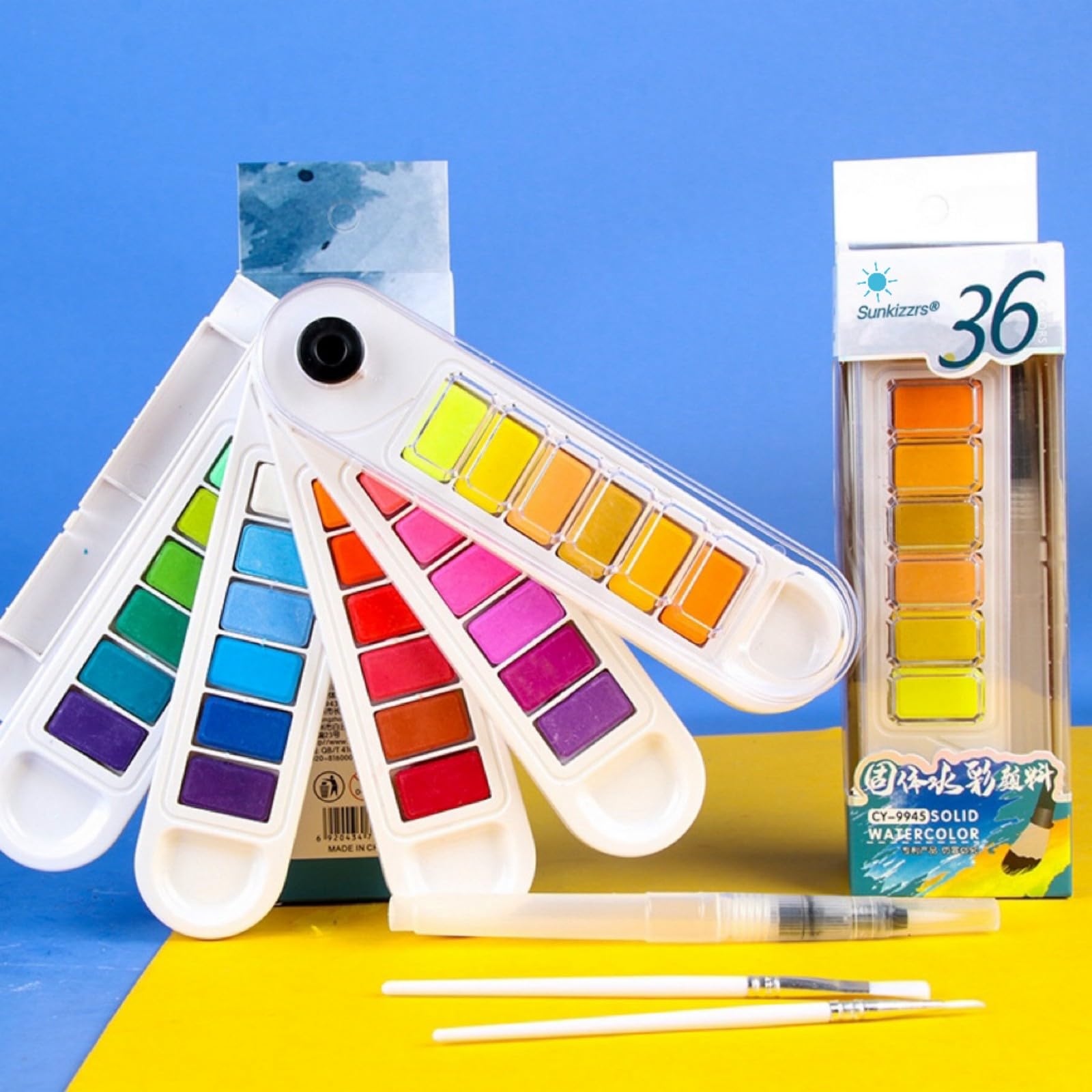Sunkizzrs® Foldable Solid (36-Color) Watercolor Paint Set | Rotatable Fan Solid Watercolor Pigment Set | Portable Gouache Painting | Outdoor Sketching Palette Art Paint with Refillable Water Brush Pen-image-19