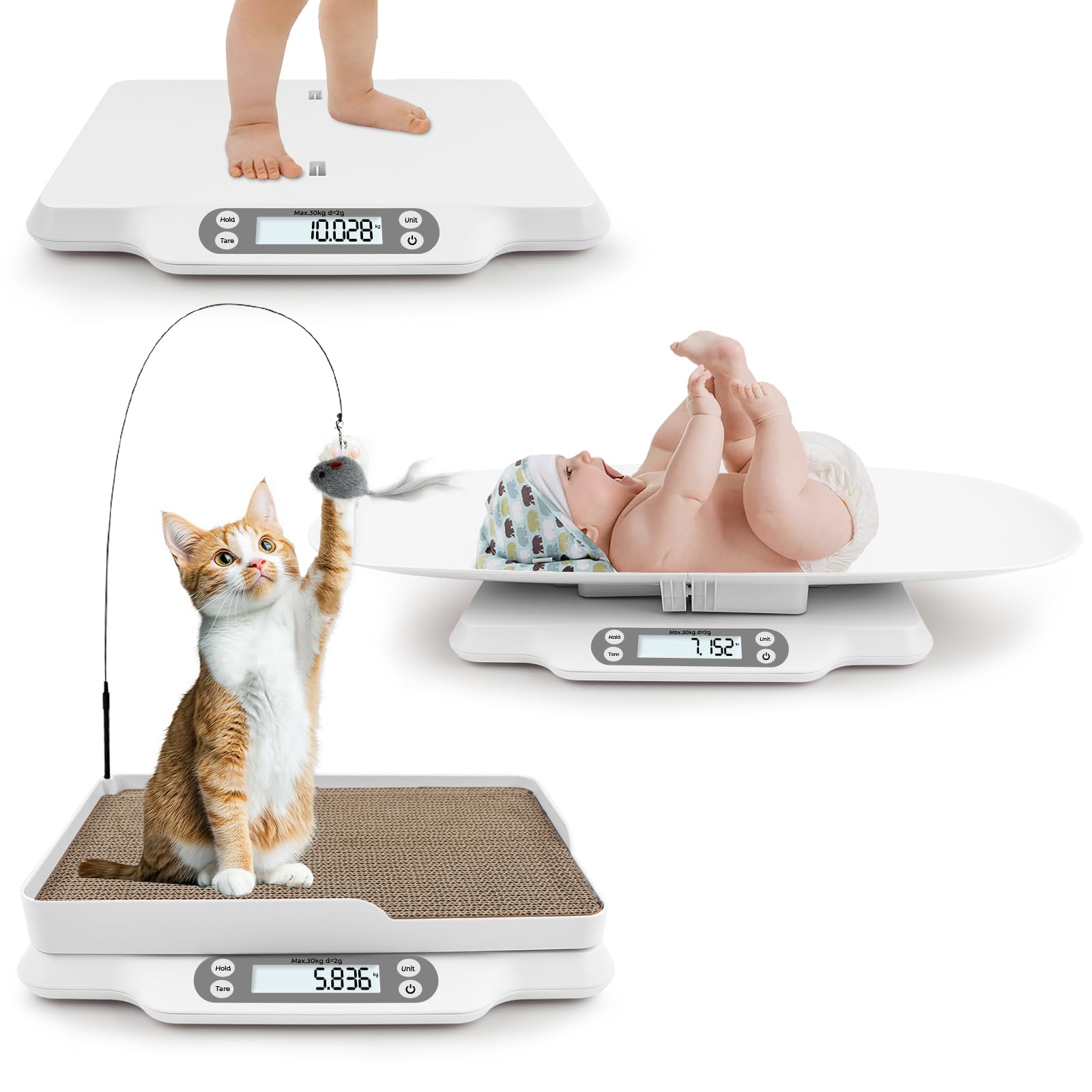 Digitale Haustierwaage,Babywaage mit 2 Abnehmbarem Tablett,3 in1 Babywaage Tierwaage & Personenwaage,LED Digitale Haustierwaage mit Tara-/Hold-Funktion/66lb Kapazität,für Welpe/Kätzchen/Baby/Küche