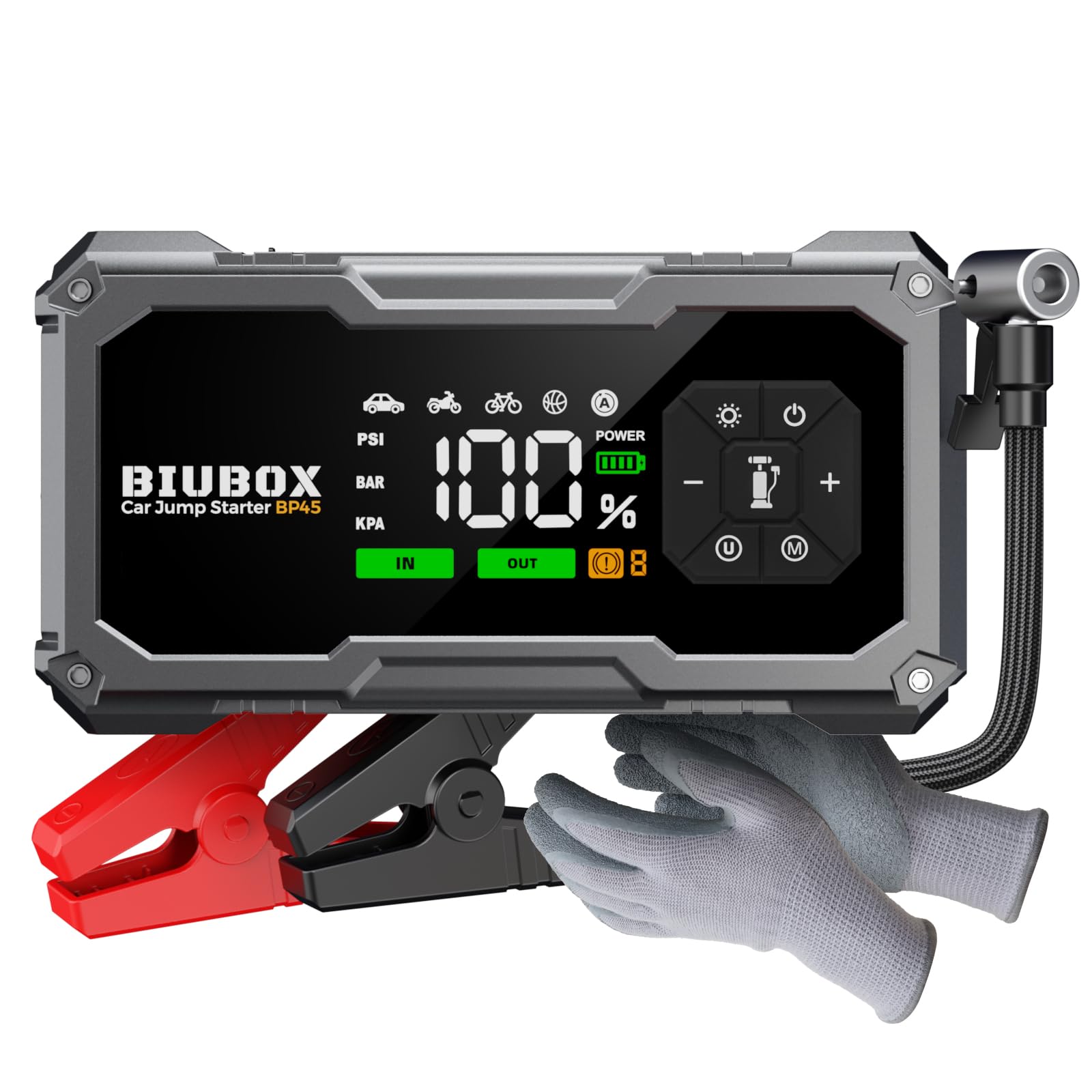 Portable Jump Starter with Air Compressor, BiuBox 5000A 150PSI Car Battery Booster Pack Jump Starter (All Gas/9L Diesel), 12V Car Booster Battery Pack with Insulated Gloves, LED Display, Light