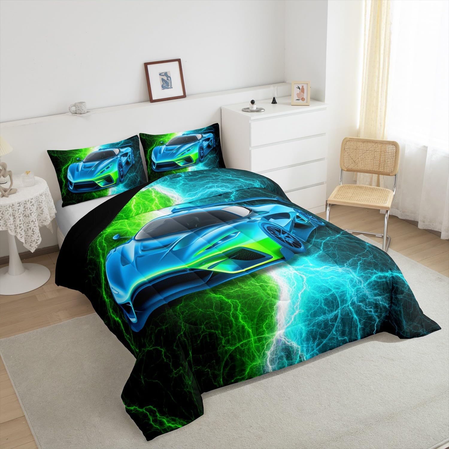 Erosebridal Sports Car Queen Comforter Set for Boys,Green Teal Race Car Bedding Set for Kids Adults,Racing Cars Quilt Bed Set Lightning Racecar Bed Comforter Sets with 2 Pillowcases Room Decor