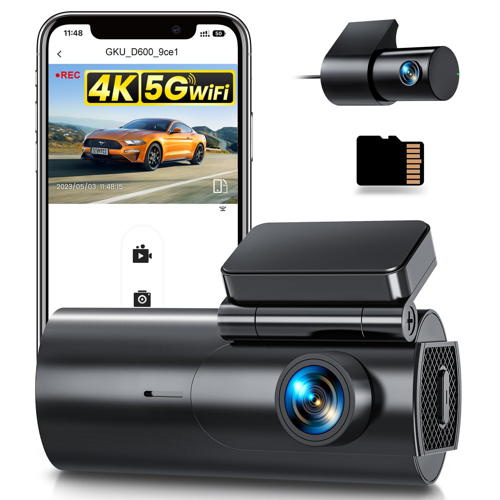 GKU 4K Front Rear Car Dashcam, 5GHz WiFi In-Car Camera with 64G SD Card, 170° Wide Angle Car Camera, Night Vision, WDR, G-Sensor, 24H Parking Mode, Loop Recording