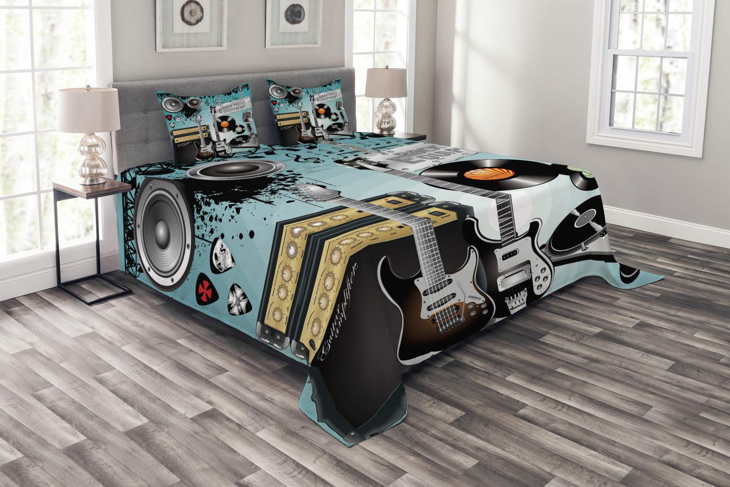 Ambesonne Rock Music Bedspread, Concert Pattern Guitars and Records with Giant Speakers Ornamental Arrangement, Decorative Quilted 3 Piece Coverlet Set with 2 Pillow Shams, Queen Size, Grey