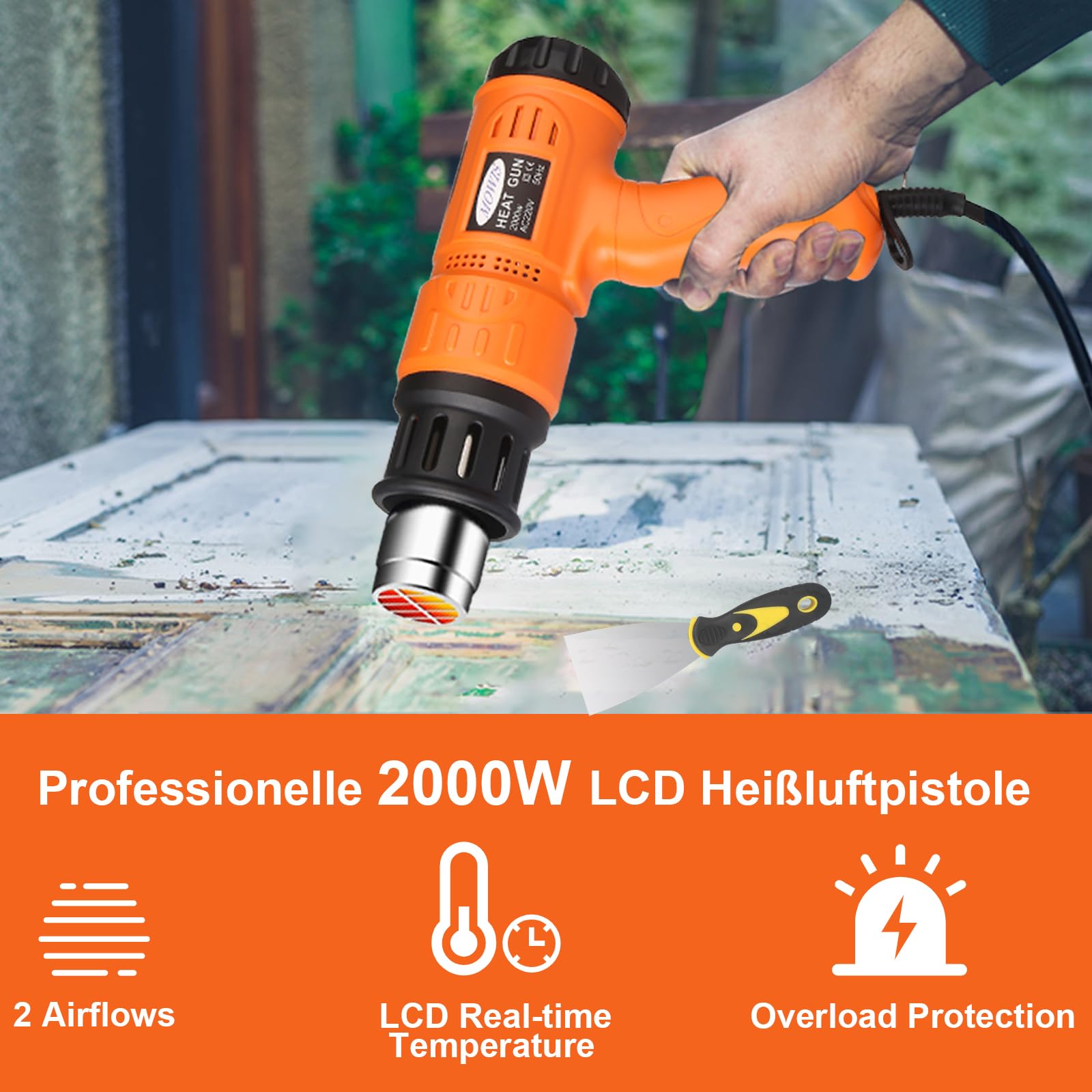 2000W Pistola ad Aria Calda MOWIS Professionale Pistola Termica con LCD Display 600°C Temperatura Regolabile, Per restringere il PVC, accendere il carbone, rimuovere la vernice, Arancione