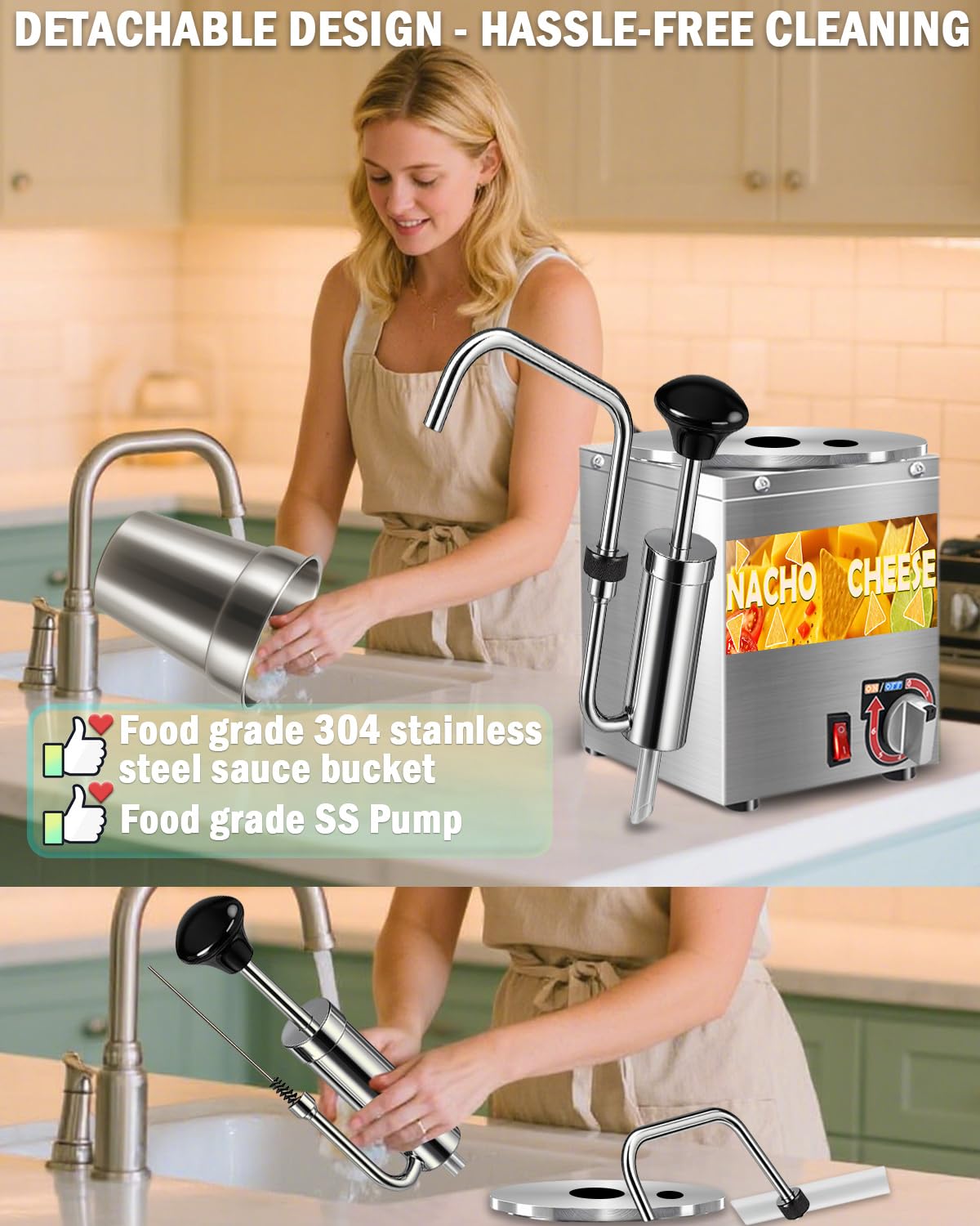 Dispensador de queso Nacho, calentador de queso nacho de 4.6 cuartos de galón con bomba de acero inoxidable, calentador de dulce caliente con ajuste de temperatura de 6 niveles, máquina dispensadora