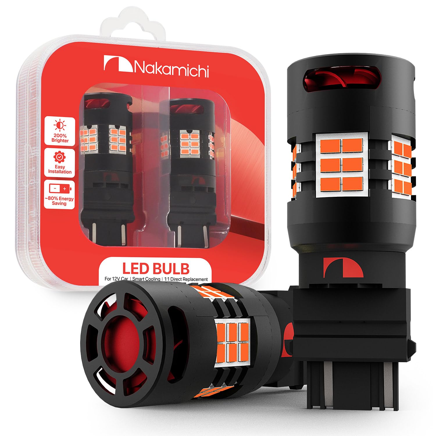 Nakamichi T25 3156 3157 P27W P27/7W Car LED Bulb 30-SMD 3020 Chip with Canbus Error-Free 12,000 RPM Fan for Brake Turn Signal Indicator Reverse Backup Tail Light (Giallo Amber, 30 LEDs, Pack of 2)-image-38