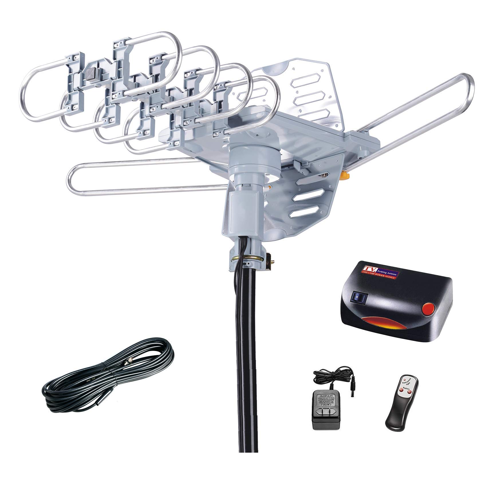 McDuory Amplified Digital Outdoor HDTV Antenna 150 Miles Long Range - 360 Degree Rotation Remote Control - Tools Free Installation - Support 2 TVs