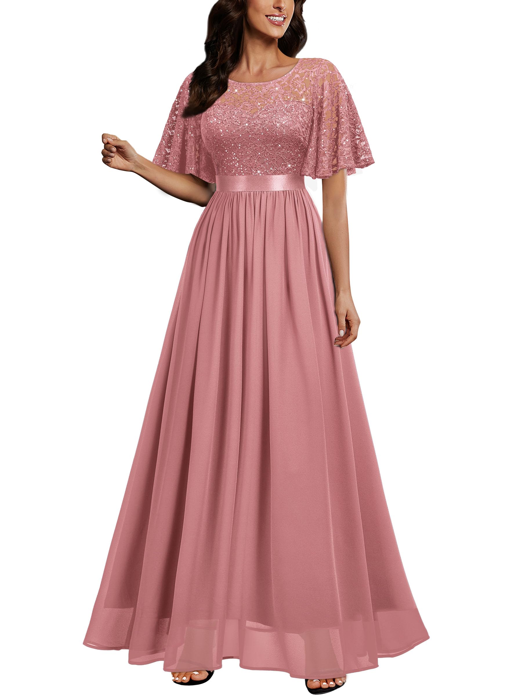 Miusol Women's Round Neck Butterfly Sleeve Sequin Lace Wedding Guest Dress