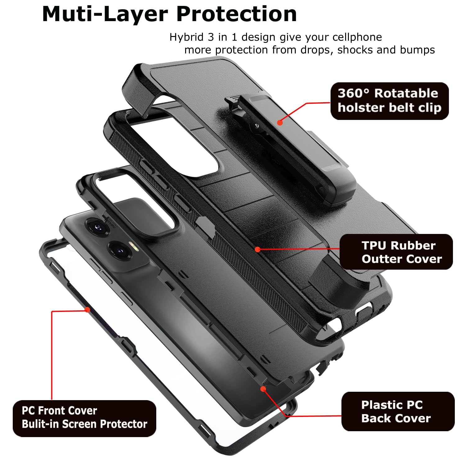 Funda para Moto G Stylus 5G 2024, para Motorola G Stylus 2024 5G con clip para cinturón, funda para teléfono [protector de pantalla integrado], protector de soporte, resistente, a prueba de