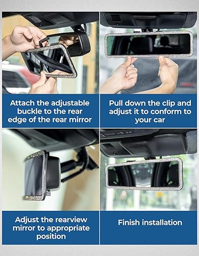 Miniatura 3 de JOYTUTUS Espejo retrovisor, universal de 11.81 pulgadas, accesorios panorámicos de retrovisor con diamantes de imitación brillantes, borde de