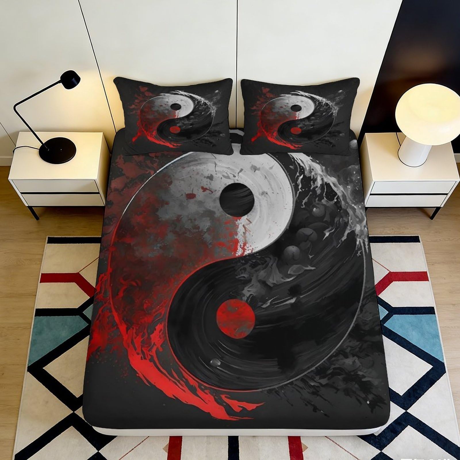 3D Printed Yin Yang Fitted Sheet Microfiber Deep Pocket Non-Slip Bedroom Bedding Yin Yang Mattress Fitted Cover for Adults 200x200x25cm