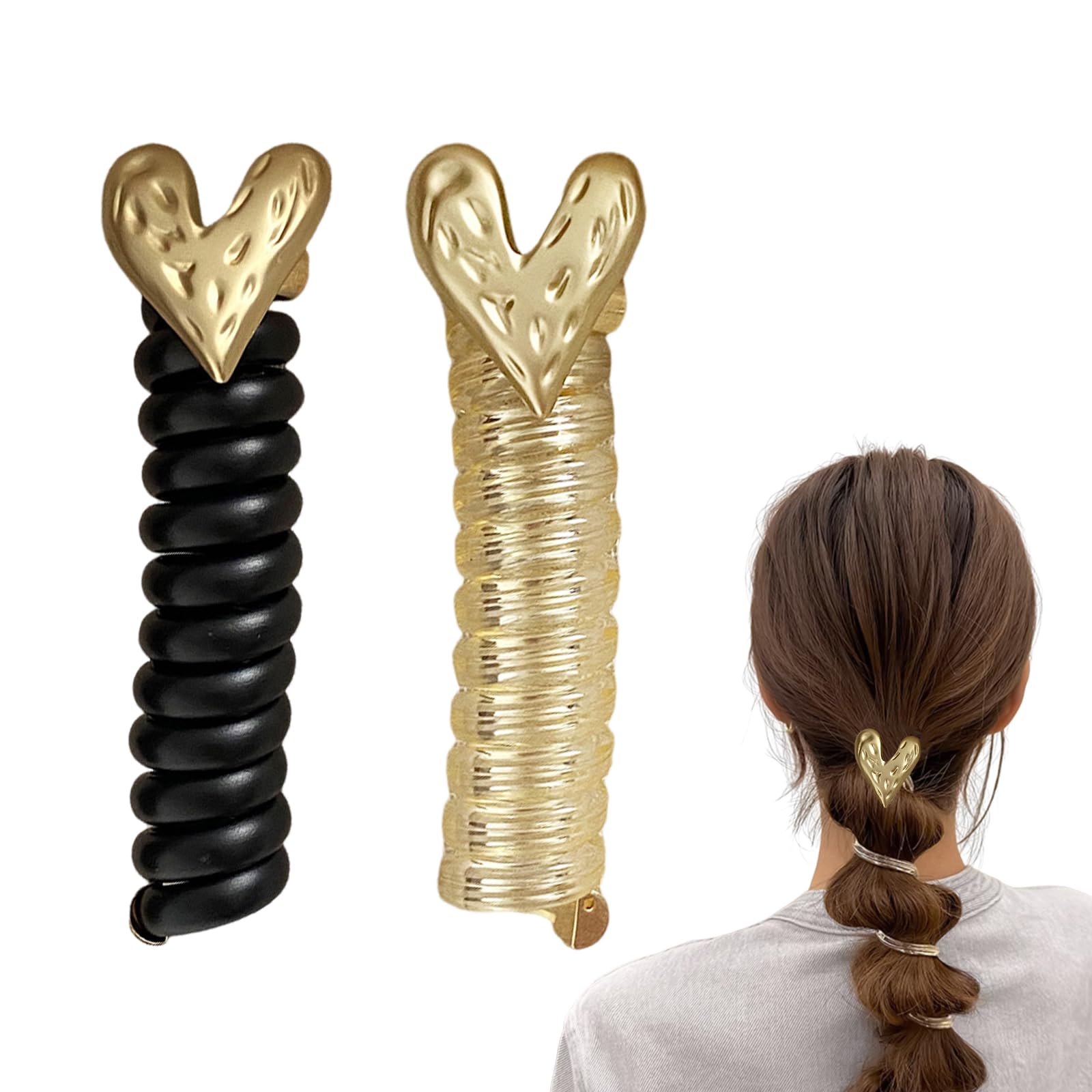 ZHEJIA コイルポニー ヘアアクセサリー (2本セット) コイルアップ ヘアゴム 金具付き 飾りつきヘアゴム 電話コード型ヘアゴム 調節可能で 自在 人気 おしゃれ 韓国風 簡約 無地 上品 小物 通勤 通学 日常用