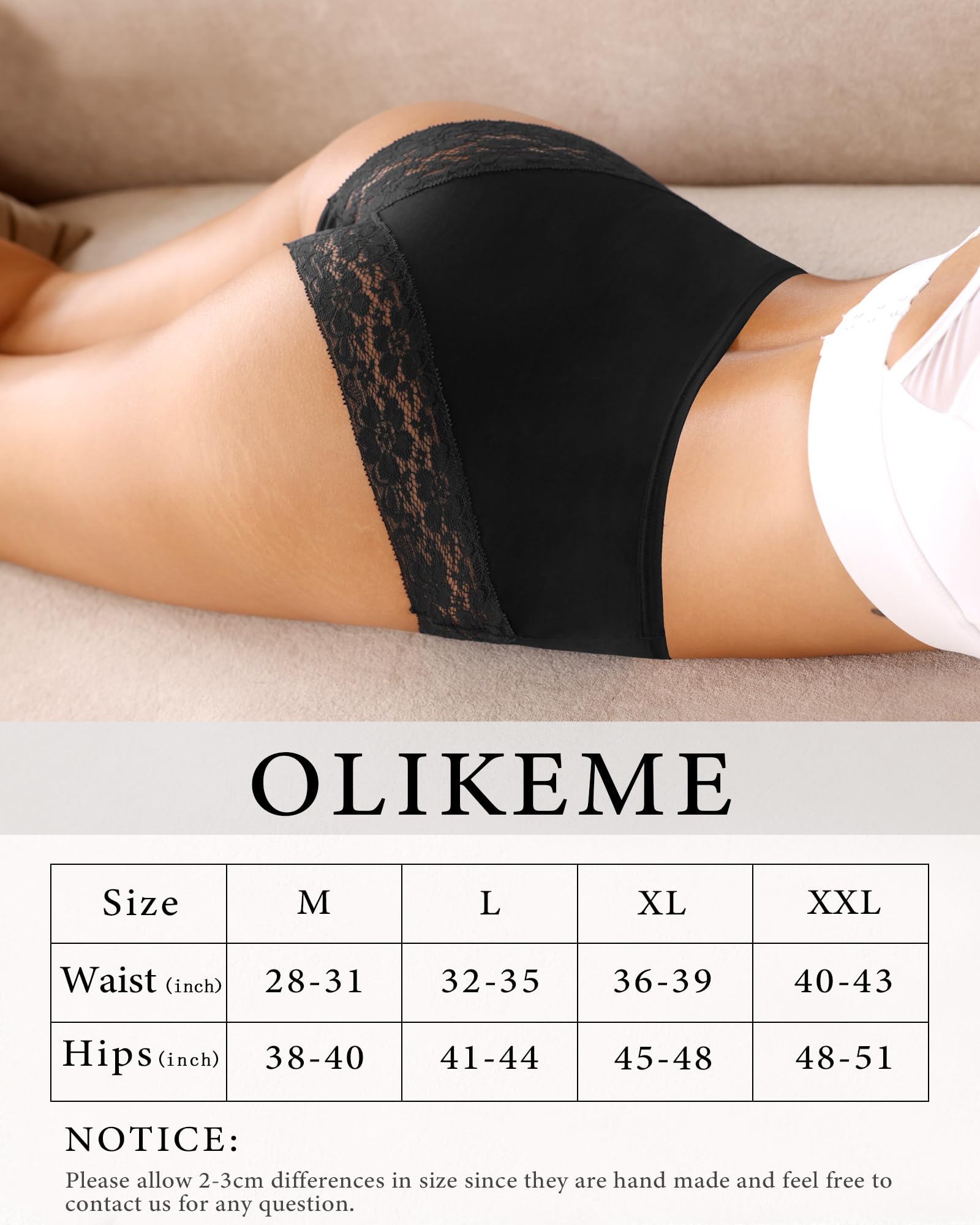OLIKEME Ropa interior de cintura alta para mujer, de algodón, sexy, con encaje, invisible, suave, elástica, paquete de 3