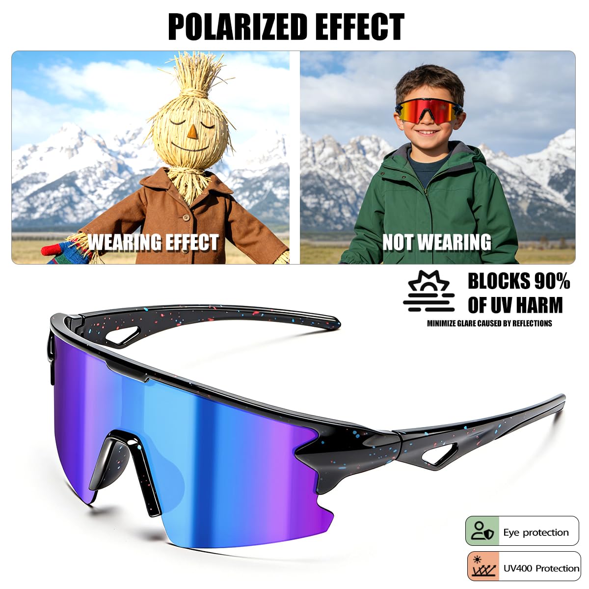 Baseball-Sonnenbrille für Jungen, Mädchen, Kinder, Sport-Sonnenbrille, Softball, Radfahren, UV400-Schutz, Alter 3–14 Jahre