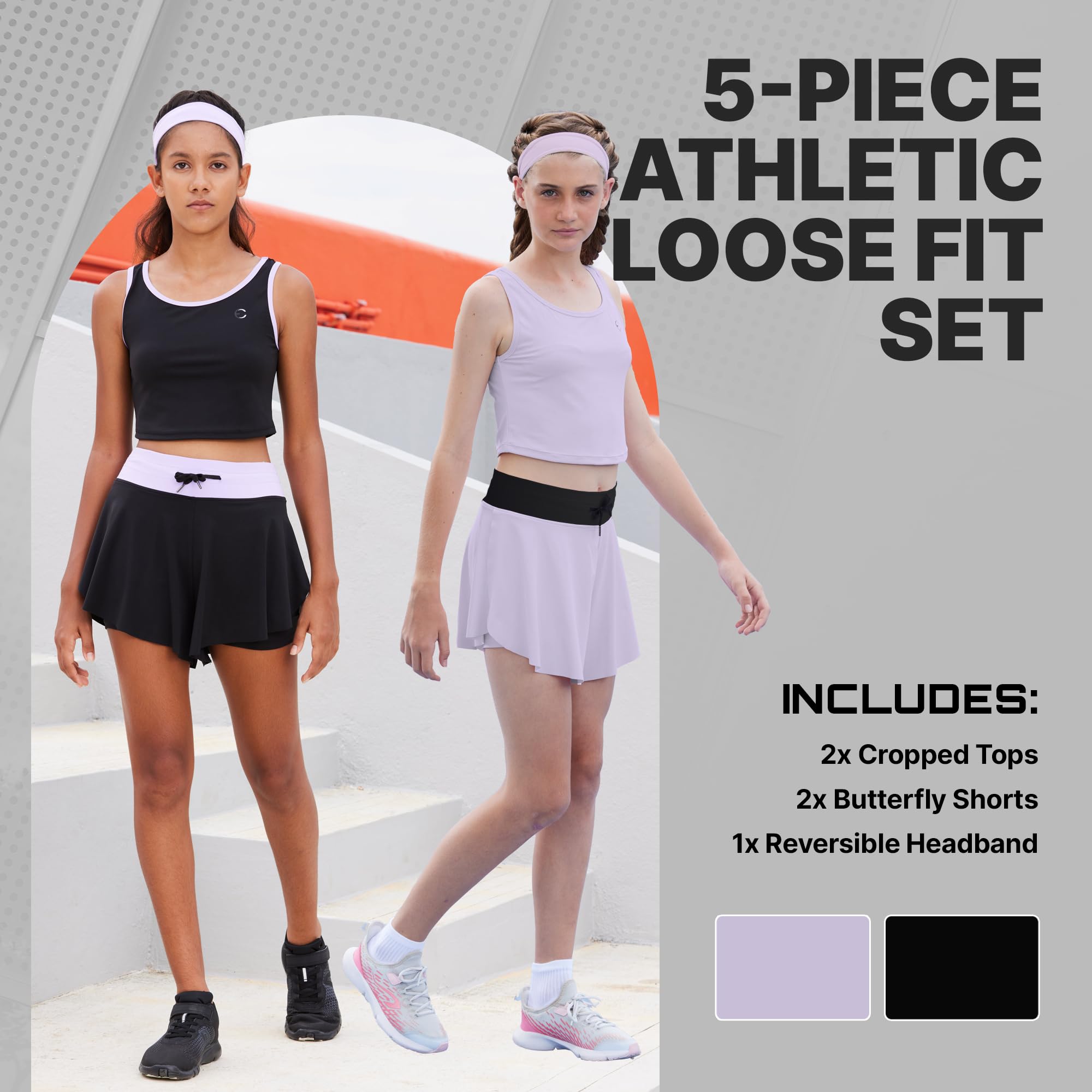 Flowy Girls Butterfly Shorts Skirts w/Pockets & Athletic Sleeveless Tank Tops, Dance Tennis Cheer Running (5pc Set)