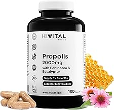 Propolis 2000 mg. 180 Vegan Capsules for a 6 Month Cure. Extracts of Propolis with 10% Galangin, Echinacea with 4% Polyphenols and Eucalyptus. Made by HIVITAL