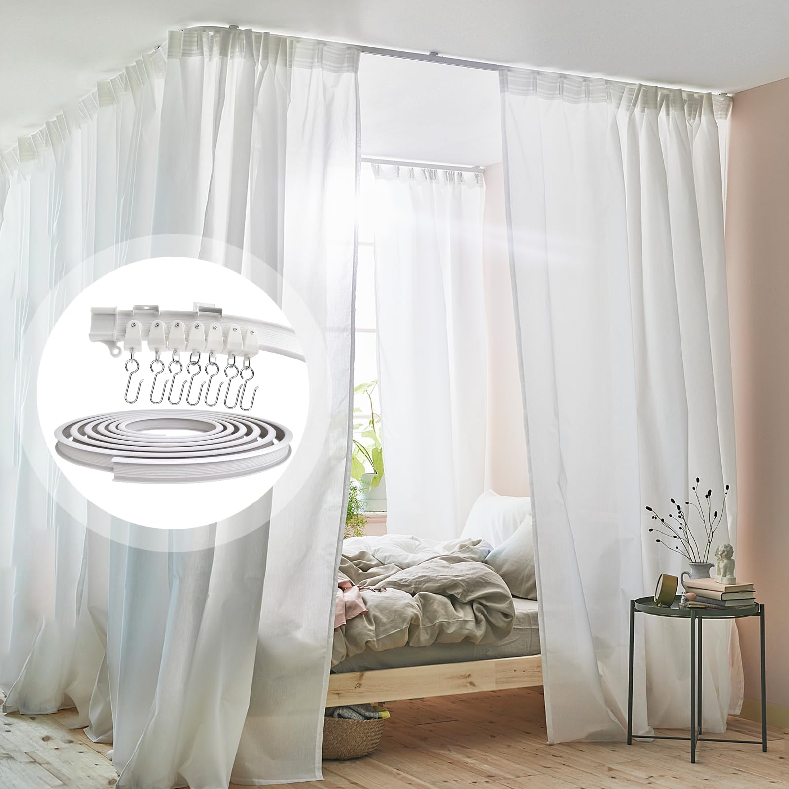 SWTYExt Binario Tenda Soffitto 3m Binario per Tende a Soffitto Flessibile Bianco PVC con Pulegge Silenziose per Separazione Degli Ambienti Camera da Letto Tende Balcone Ufficio Camper