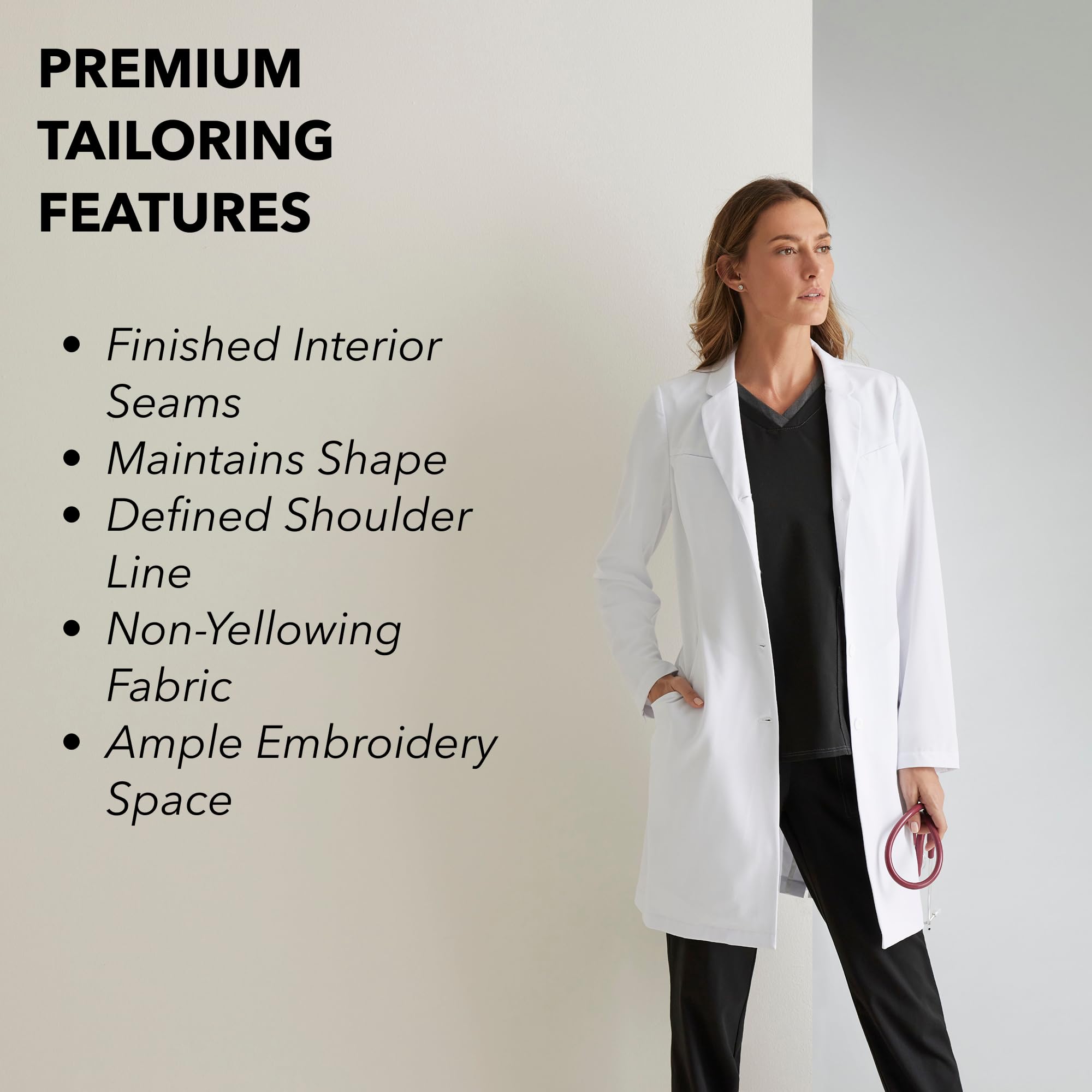 BARCO Grey's Anatomy Scrubs Signature - Penelope - Abrigo de laboratorio profesional para mujer, longitud completa, 4 botones, manga larga, 35-37 pulgadas