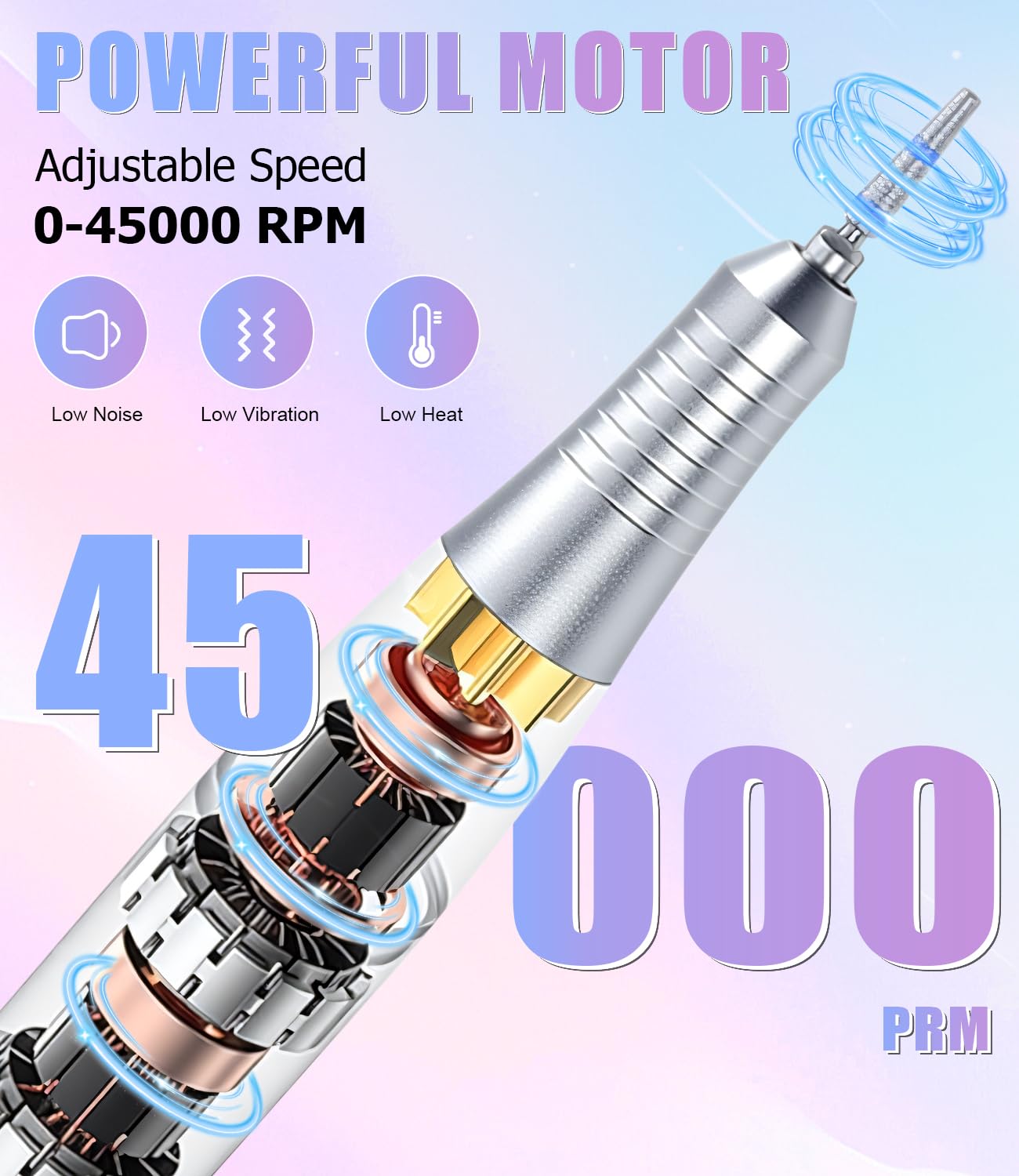 Torno para Uñas, 45,000RPM Profesional Lima Electrica Uñas, Velocidad Ajustable,Set de Accesorios para Manicura y Pedicura con Brocas de Cerámica,para Uso Doméstico Salones de Uñas