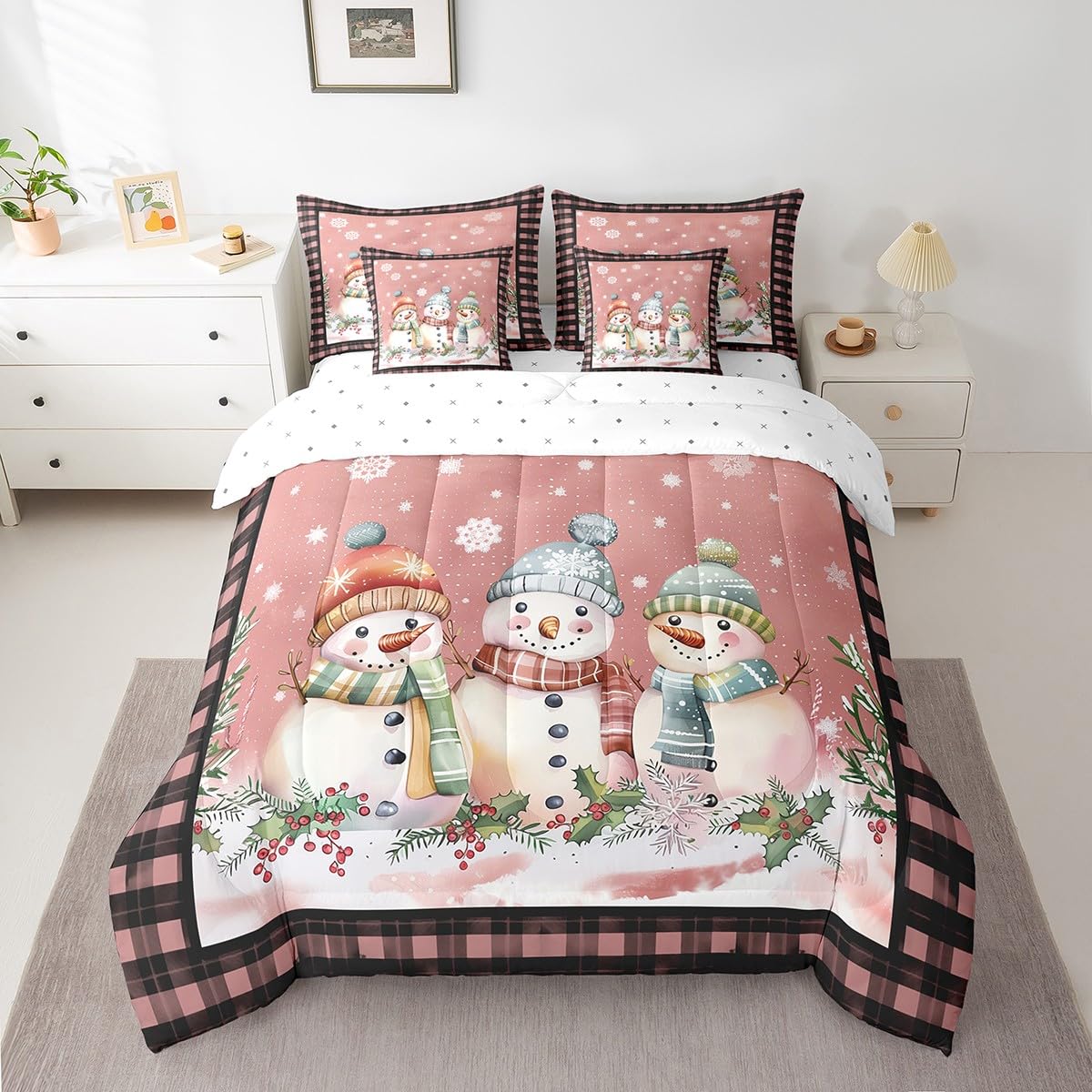 Parure de lit 7 pièces bonhomme de neige rose lit dans un sac