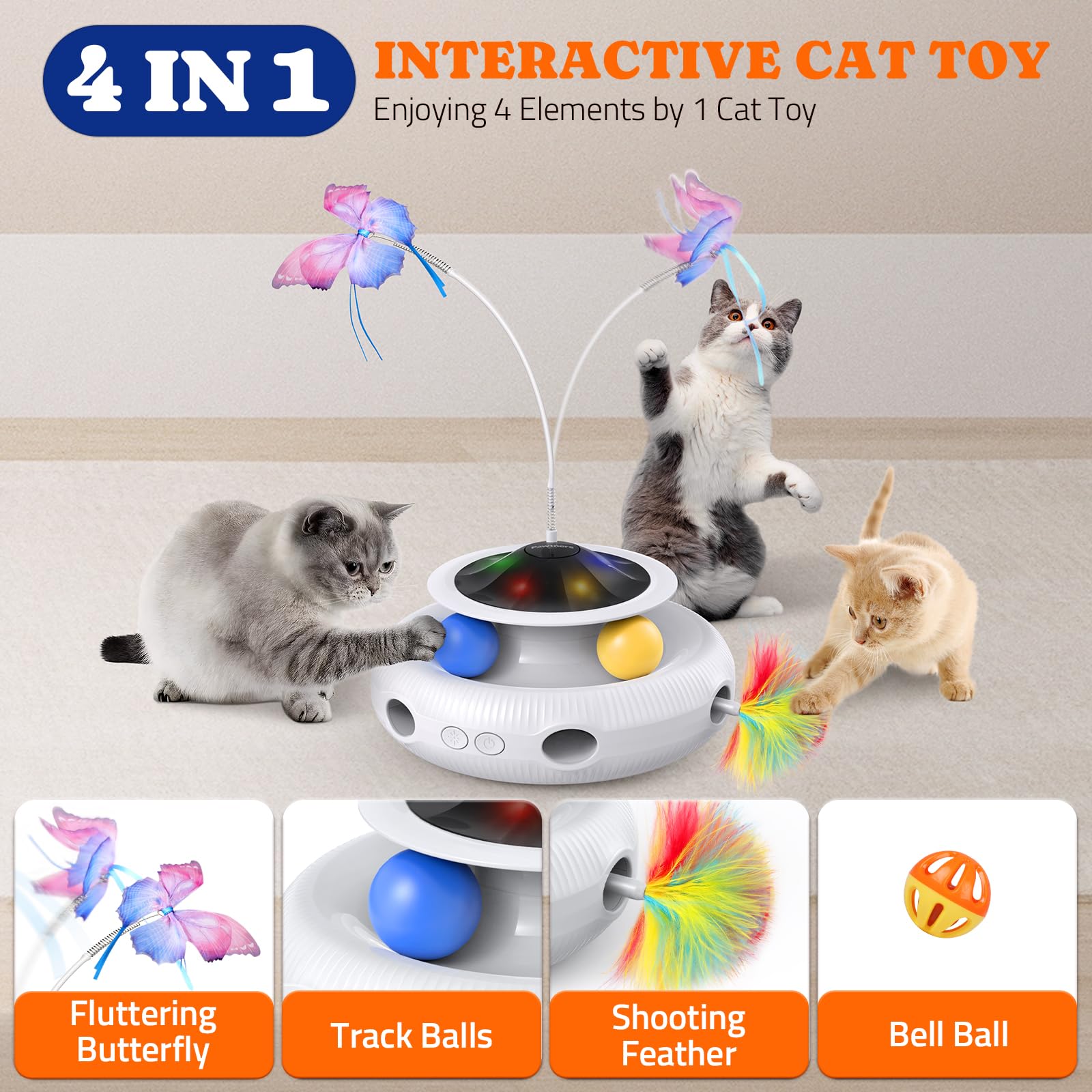 Pawtners Giocattolo interattivo automatico per gatti 3 in 1, per gatti da interni, ricaricabile, interattivo, con farfalla svolazzante, palline e piuma Abumsh in movimento