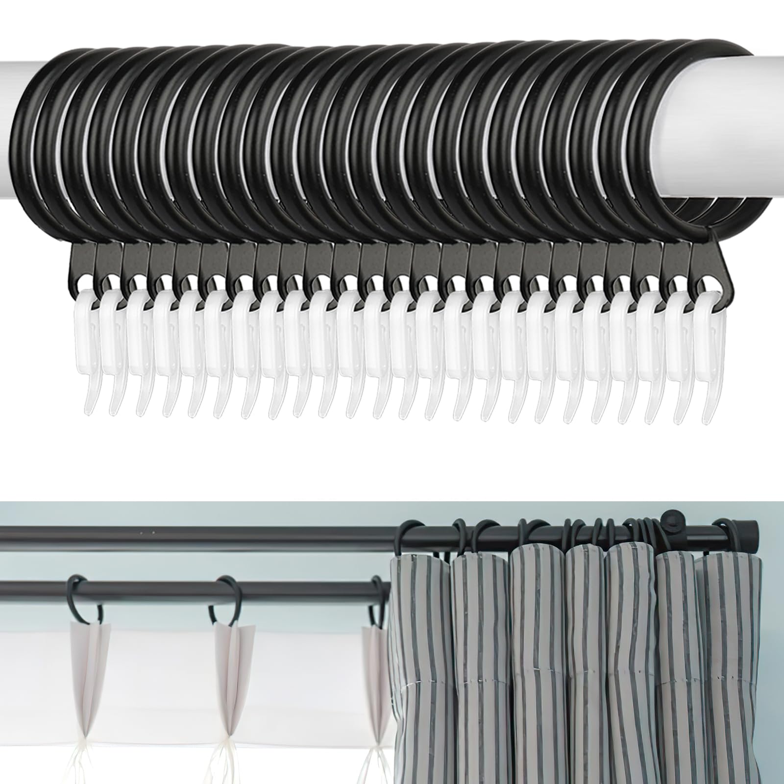 Curtain Rings, 24pcs Black Metal Rings with 24pcs Plastic Hooks, Drape Sliding Curtain Hanging Ring for Pole Rod, 30 mm Internal Diameter