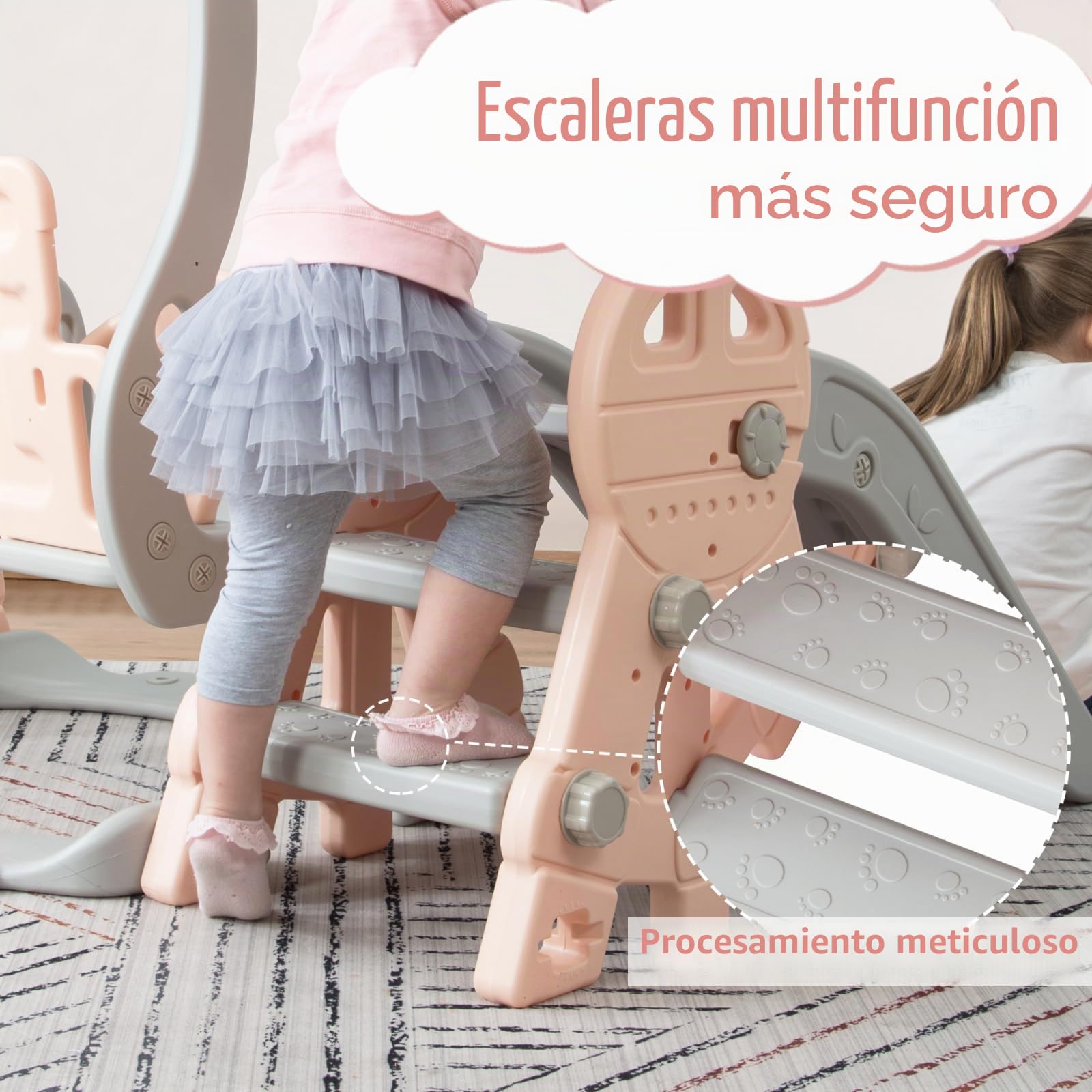 Tobogán infantil 4 en 1, para exteriores, zona de juegos interior para jardín con columpio, canasta de baloncesto y escalera de escalada, para niños de 1 a 6, interior y exterior (rosa)