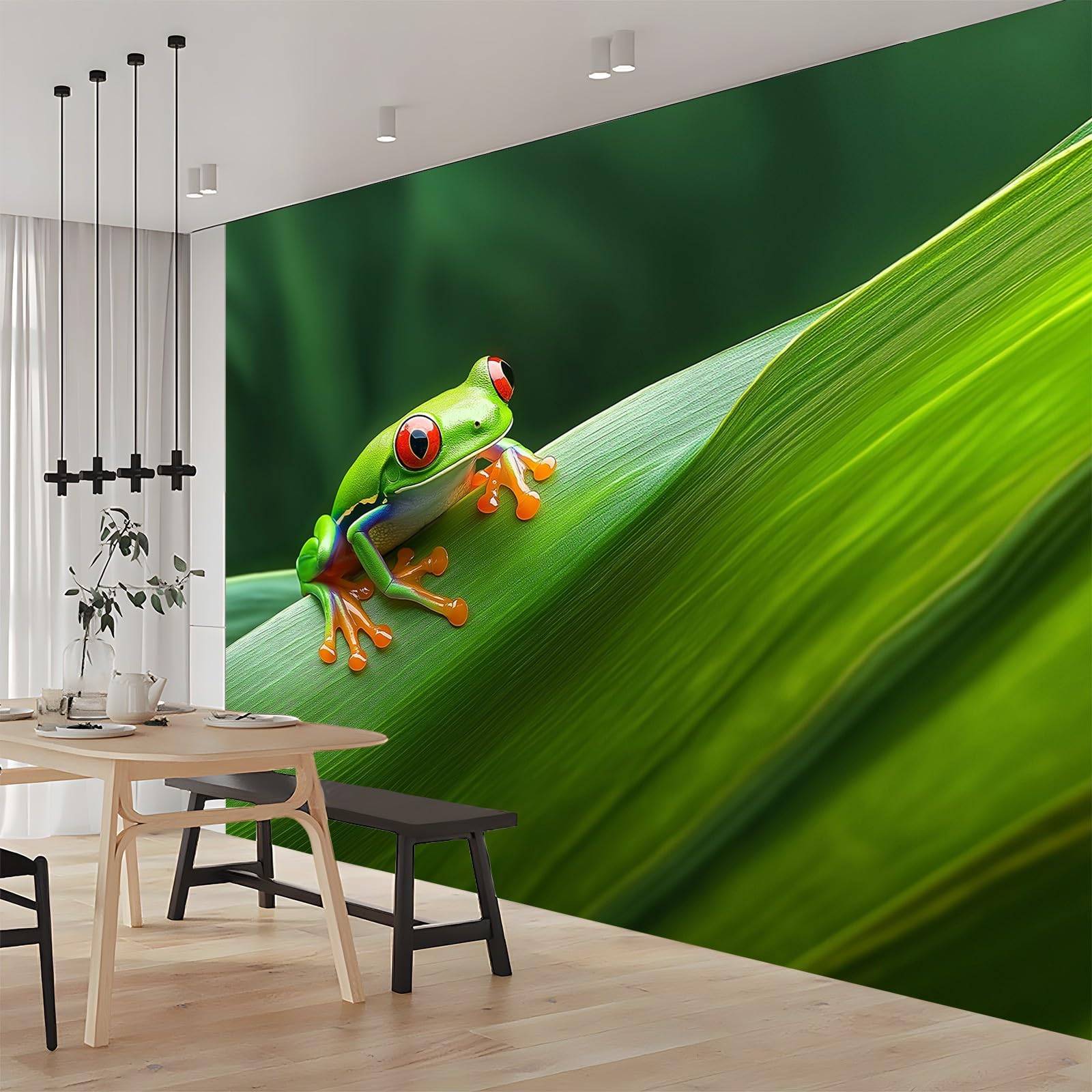 Panoramiczna tapeta ze zwierzętami żaba zbliżenie zielony czerwony 200 x 140 cm (szer. x wys.), niestandardowy gigantyczny plakat ścienny 3D, do dekoracji ścian pokoju dziecięcego, nowoczesne