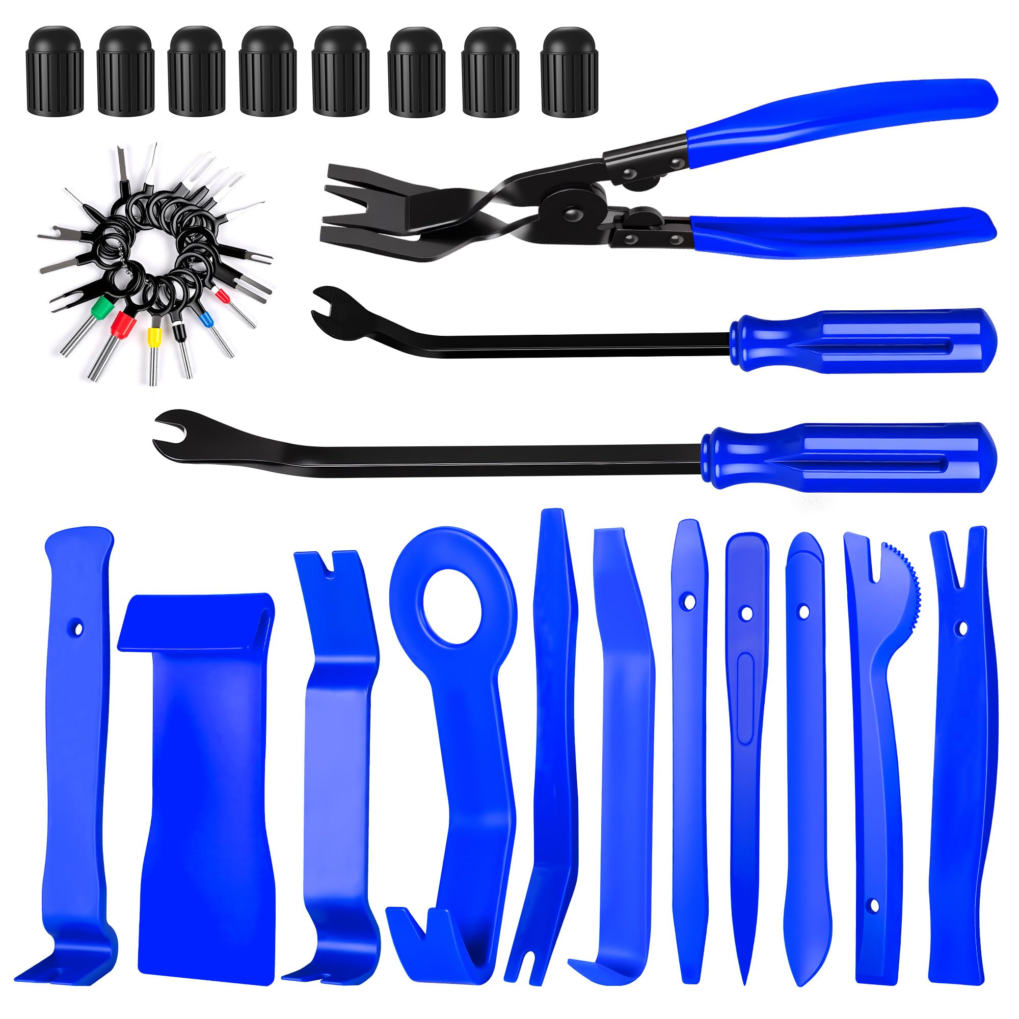 40PCS Trim Removal Tool Set Clip Plier Upholstery Remover Nylon Pry Tool Car Panel Removal Terminal Pin Remover with Tire Valve Caps-Blue