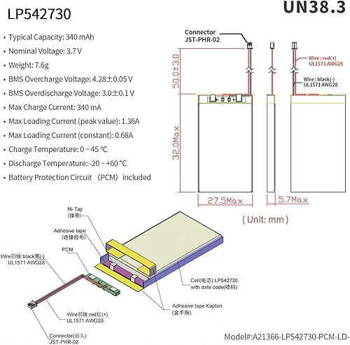Miniatura 2 de EEMB Batería de polímero de litio 3.7V 340mAh 542730 Lipo Batería recargable con cable JST 0.079 in Conector para altavoz y dispositivo inalámbrico