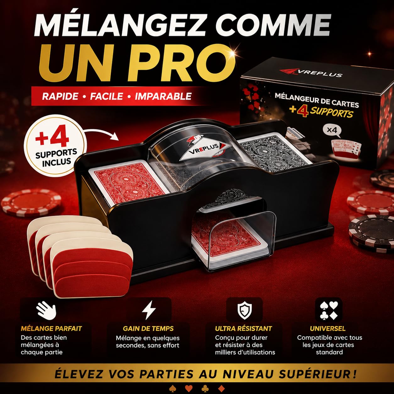 Mélangeur de Cartes Manuel à Manivelle 2 Jeux+ 4 Supports,2 Plateaux – Mélange Rapide et Facile – Pack Poker, Blackjack, Jeux de Société, Soirées et Famille