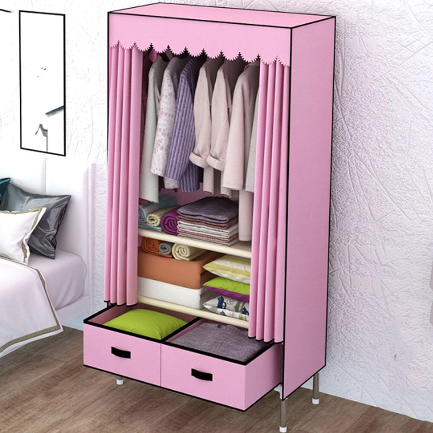 XFQZJG Canvas Wardrobe, Portable Wardrobe Shelves With Hanging Rail, Shelves, and Drawers, Fabric Clothes Closet Storage Organizer for Bedroom