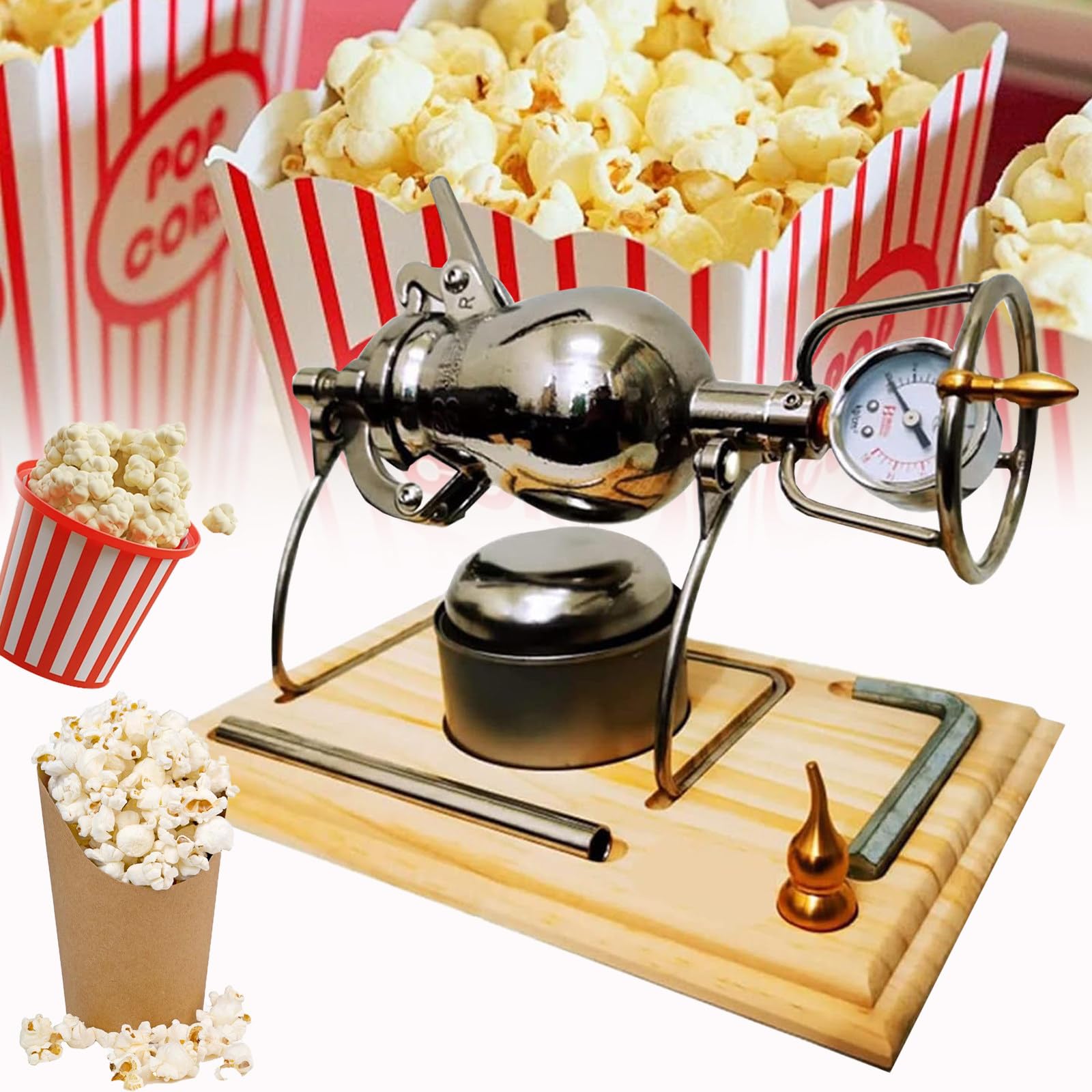 300ml Popcornmaschine Retro Popcorn Maker mit Manometer Edelstahl-Popcorn-Popper Mini- Popcorn Maschine für Heimkino-Abend
