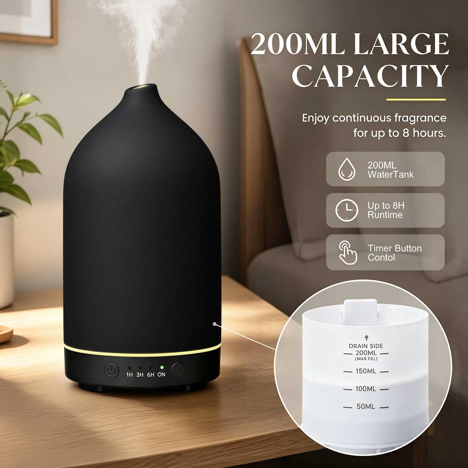 Gooamp Diffuseur en céramique de 200 ml, diffuseur d'aromathérapie, diffuseur d'huiles essentielles avec 7 lumières de couleur, arrêt automatique pour la maison, le bureau, la chambre, noir