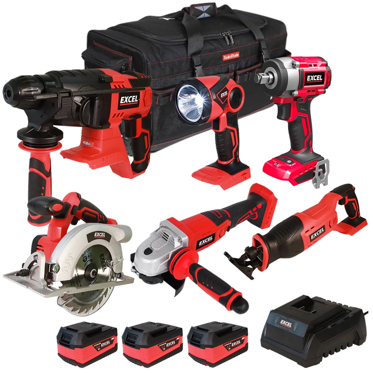 Excel 18V 6 Piece Power Tool Kit with 3 x 5.0Ah Battery & Charger EXL10188 - Monster Power Tool Kit- Combo Kit- 18V Cordless Power Tool Kits- Mega Power Tool- Excel kit