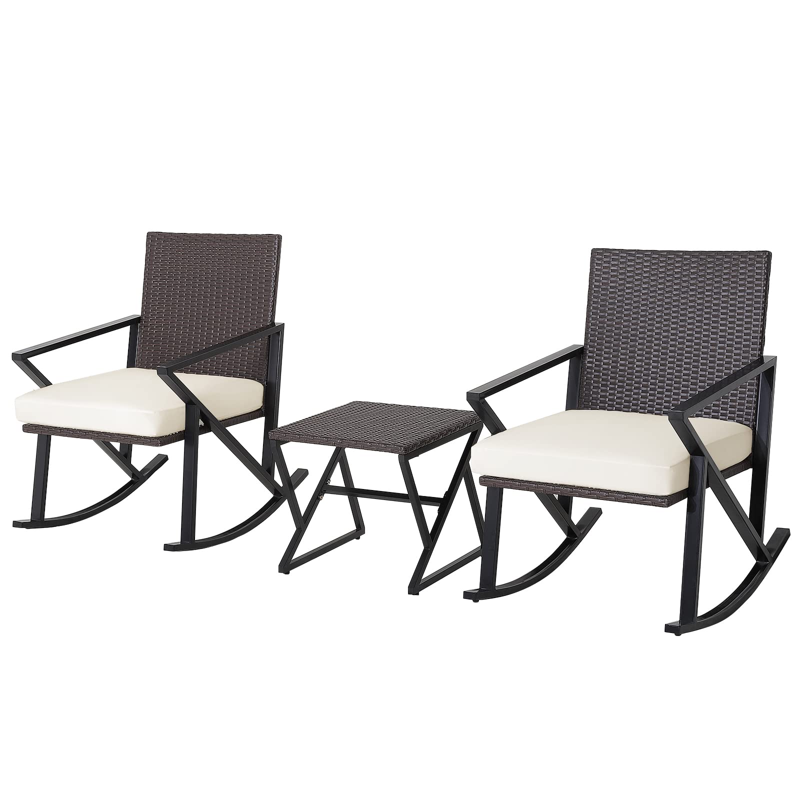 COSTWAY 3 Pieces Patio Rattan Bistro Set, Garden Rocking Chairs and ...