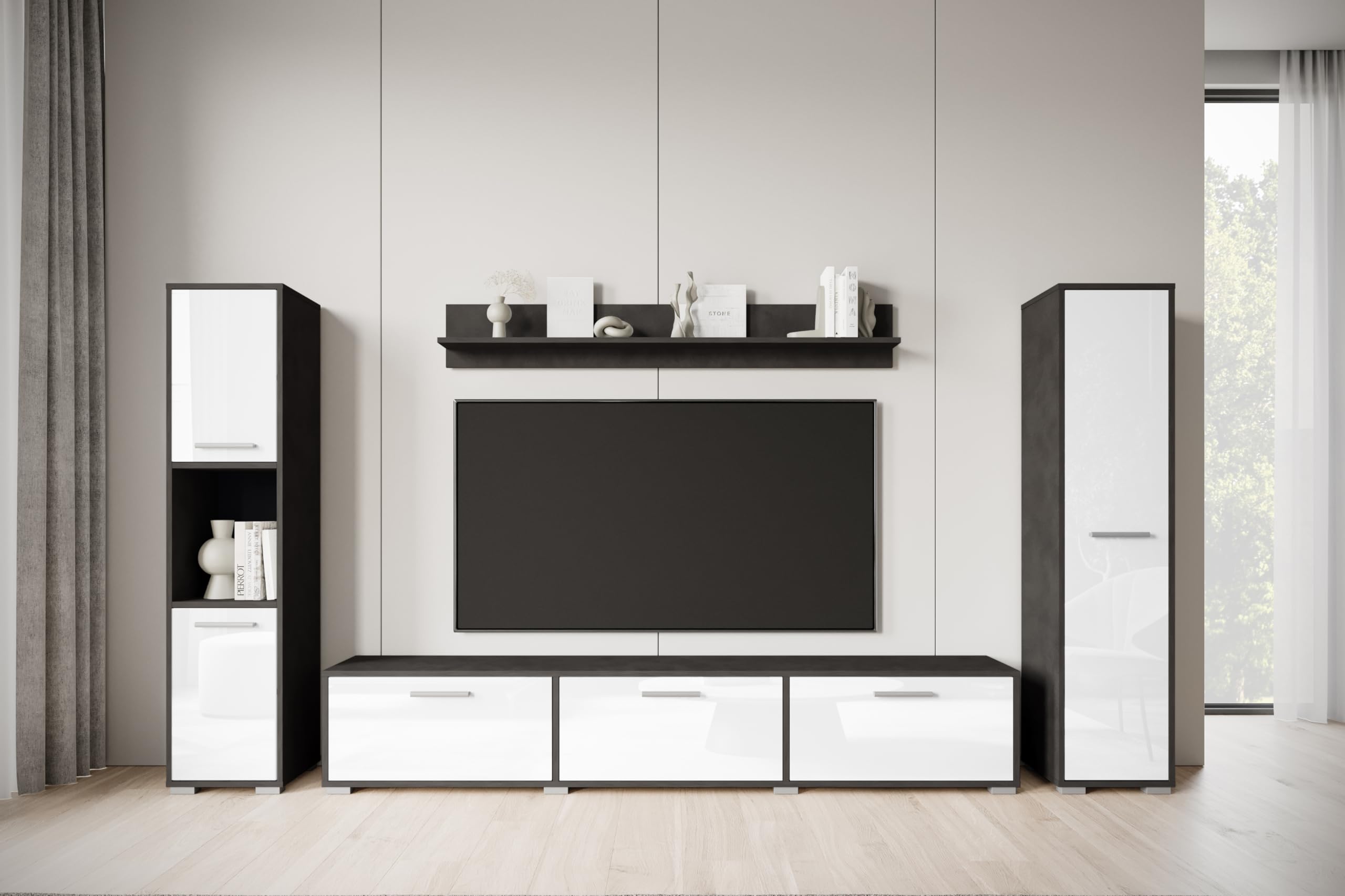 MINIO go for it - Wohnwand Wohnzimmer 4-teilig Toga, Wohnzimmer Möbel Set, 1x TV Lowboard, 2X Hochschrank, 1x Wandboard, Wohnzimmermöbel Komplett, Wohnzimmer Set - Farbe Matera/Weiss Hochglanz