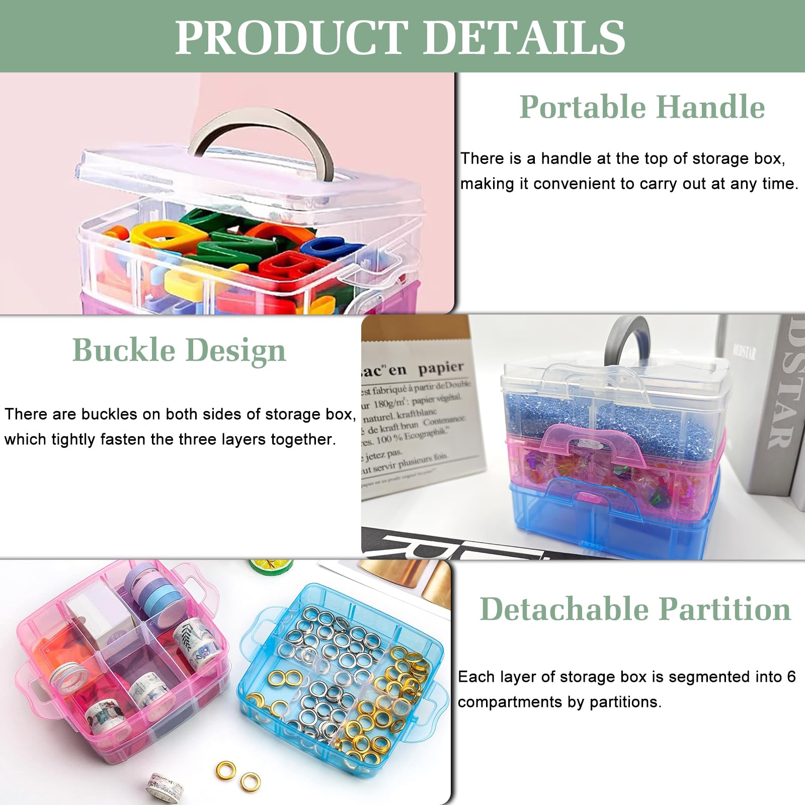 3-Tier Craft Storage Box, Adjustable Storage Box with 18 Compartments, Plastic Detachable Storage Space Box - Image 4