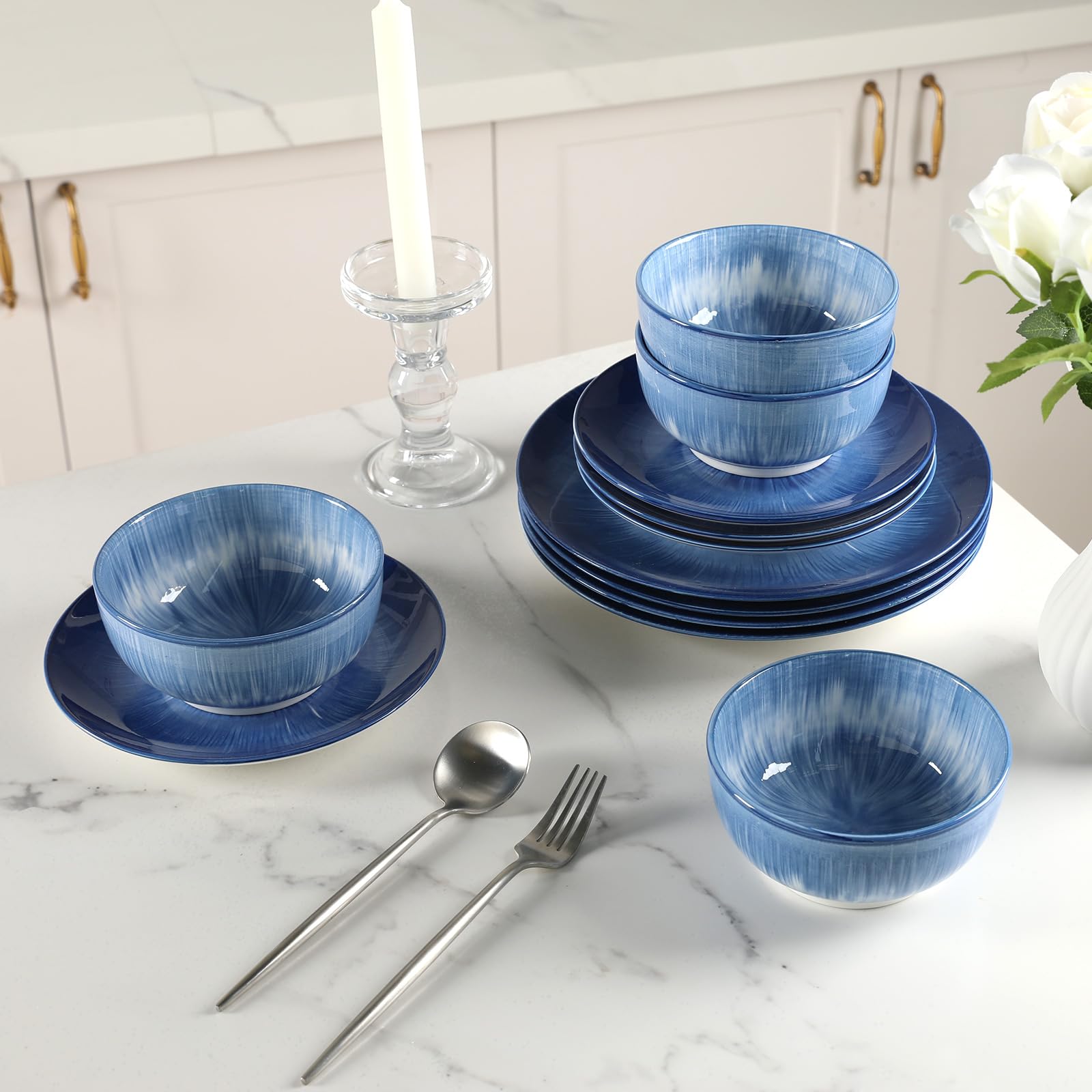 Sweejar Home Geschirrsets Service für 4, 12 Stück Porzellanteller und Schalen für Küche, Haushaltsgeschenk, splitter- und kratzfestes Geschirrset, spülmaschinen- und mikrowellengeeignet, Teller-Set