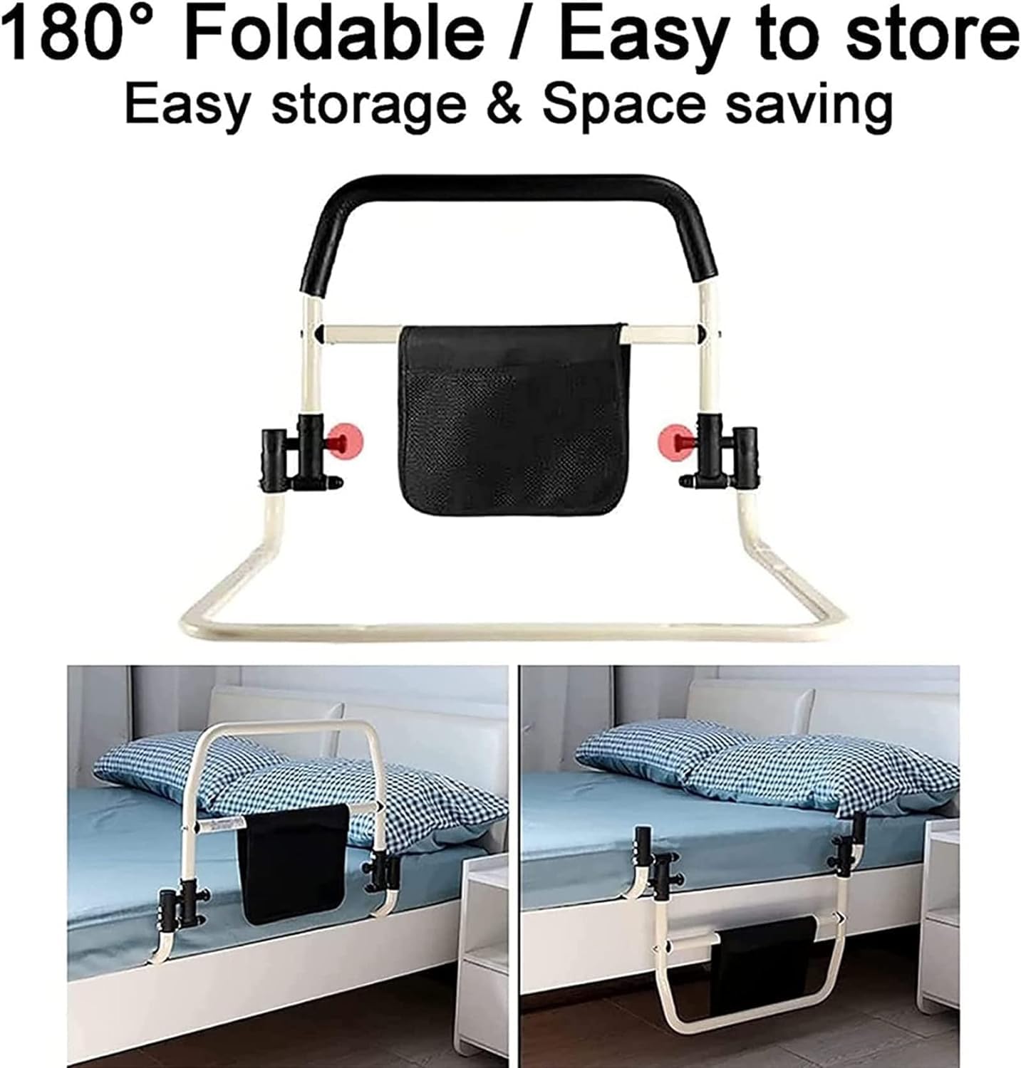 Guida di supporto letto in acciaio al carbonio | Sponda letto pieghevole in acciaio al carbonio con tasca portaoggetti: sponda for assistenza medica