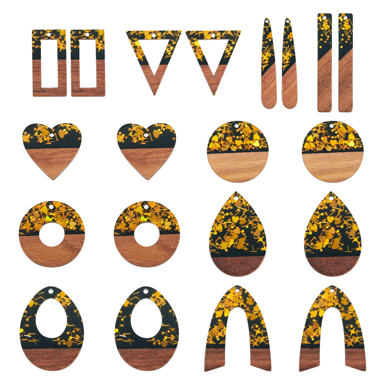 FASHEWELRY 20Pcs Resin Wood Pendants Teardrop Arch Donut Shape Black Gold Foil Resin Wooden Charms for Statement Earrings Necklace Jewelry Making