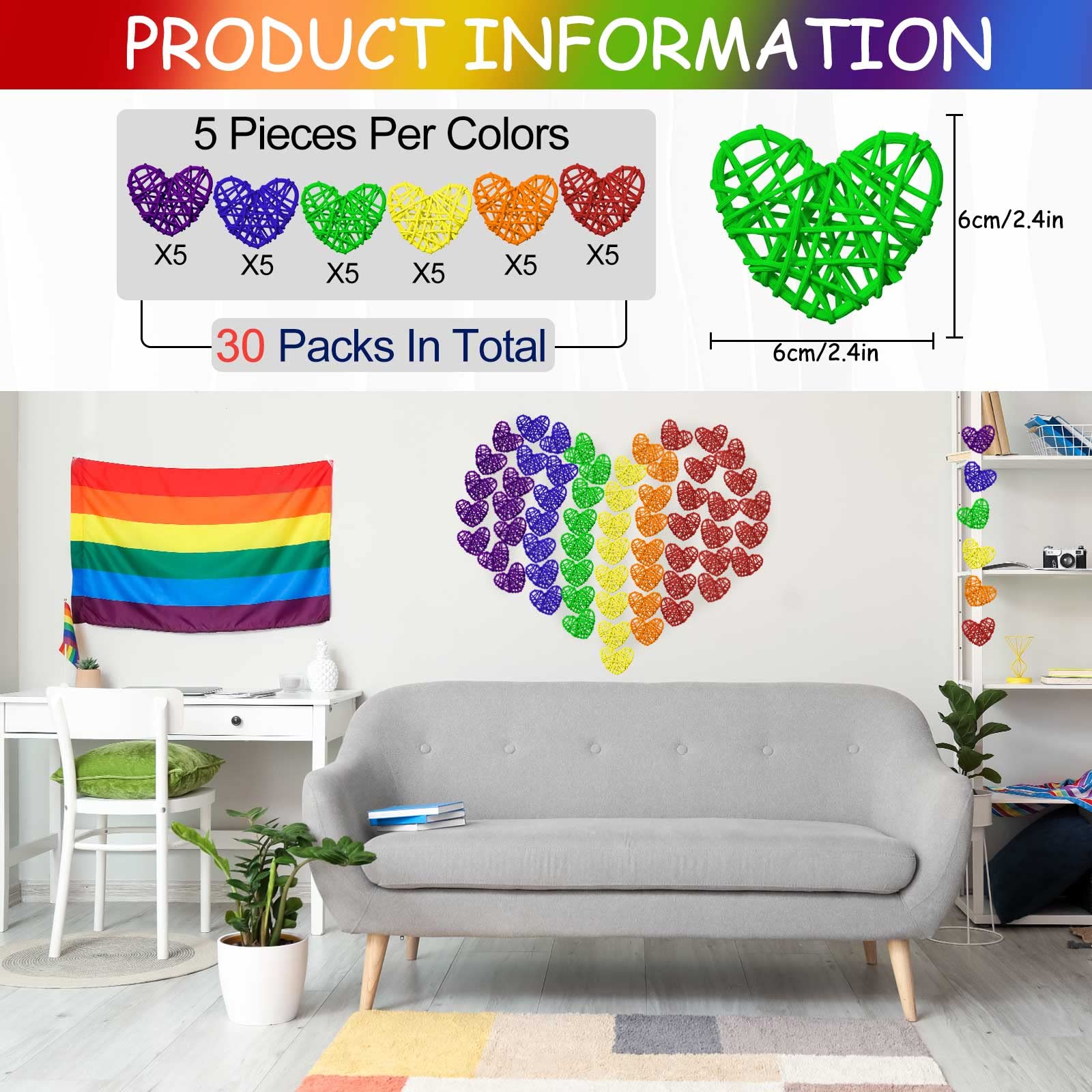Qunclay 30 Pcs Gay Pride Rattan Ball Rainbow Rattan Balls Decoration Wicker Balls for LGBT Festival Party Wedding Baby Shower Birthday Party DIY Vase Filler Ornament Decoration (2.4 Inch)