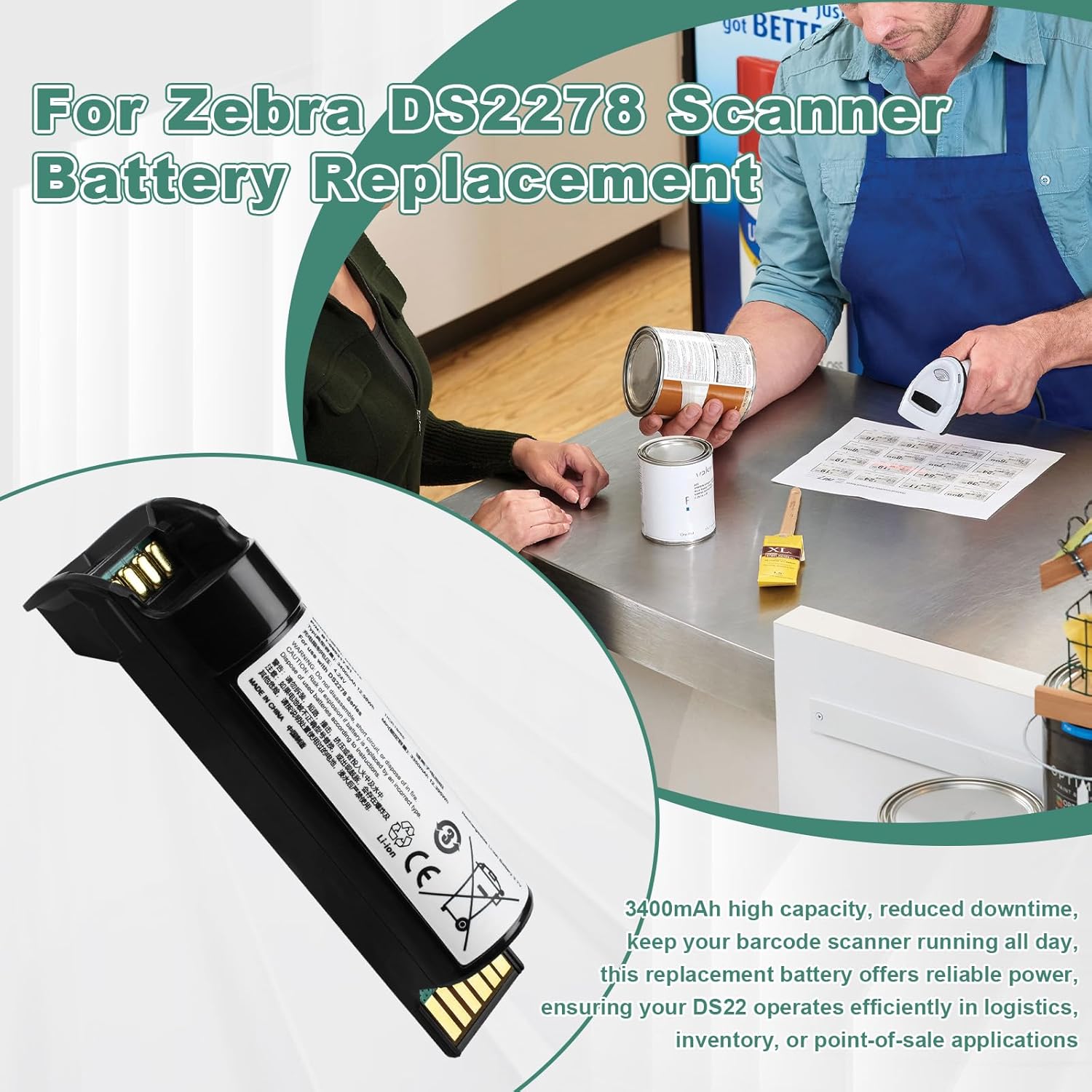 for Zebra DS2278 Scanner Battery Replacement: for Symbol for Zebra DS2278 DS2208 DS22 BT-000317-01 CR2278 CR2278-PC DS2278SR DS2278-HC Barcode Scanners Battery 3400mAh