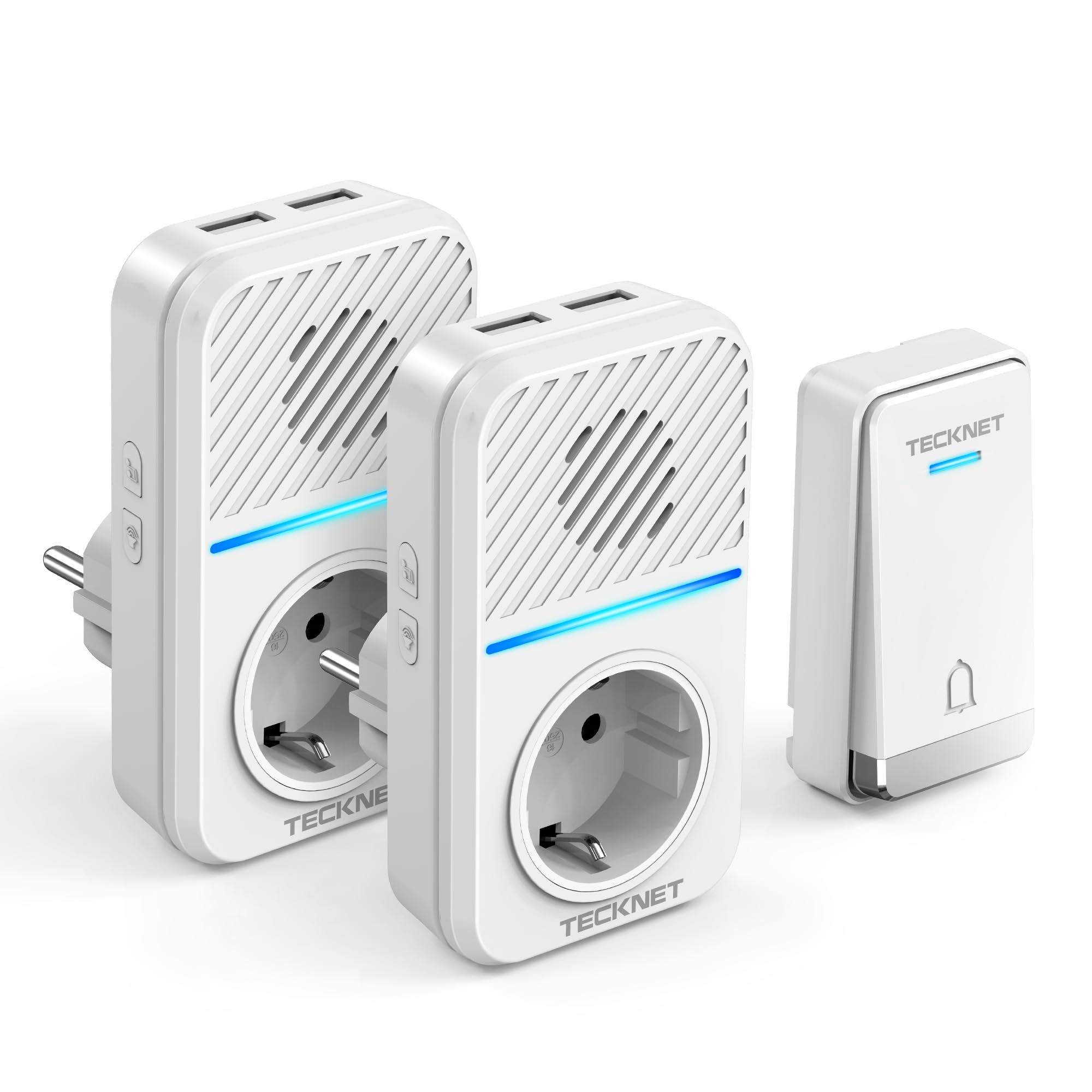 TECKNET Funkklingel Batterielose, Steckdosen Kabellose Türklingel, IP65 Wasserdicht Drahtloses Funk Türklingel mit 2 EU-Steckdose und USB, 400m, 60 Laute Melodien, 5 Lautstärke Stufen, LED-Blinken