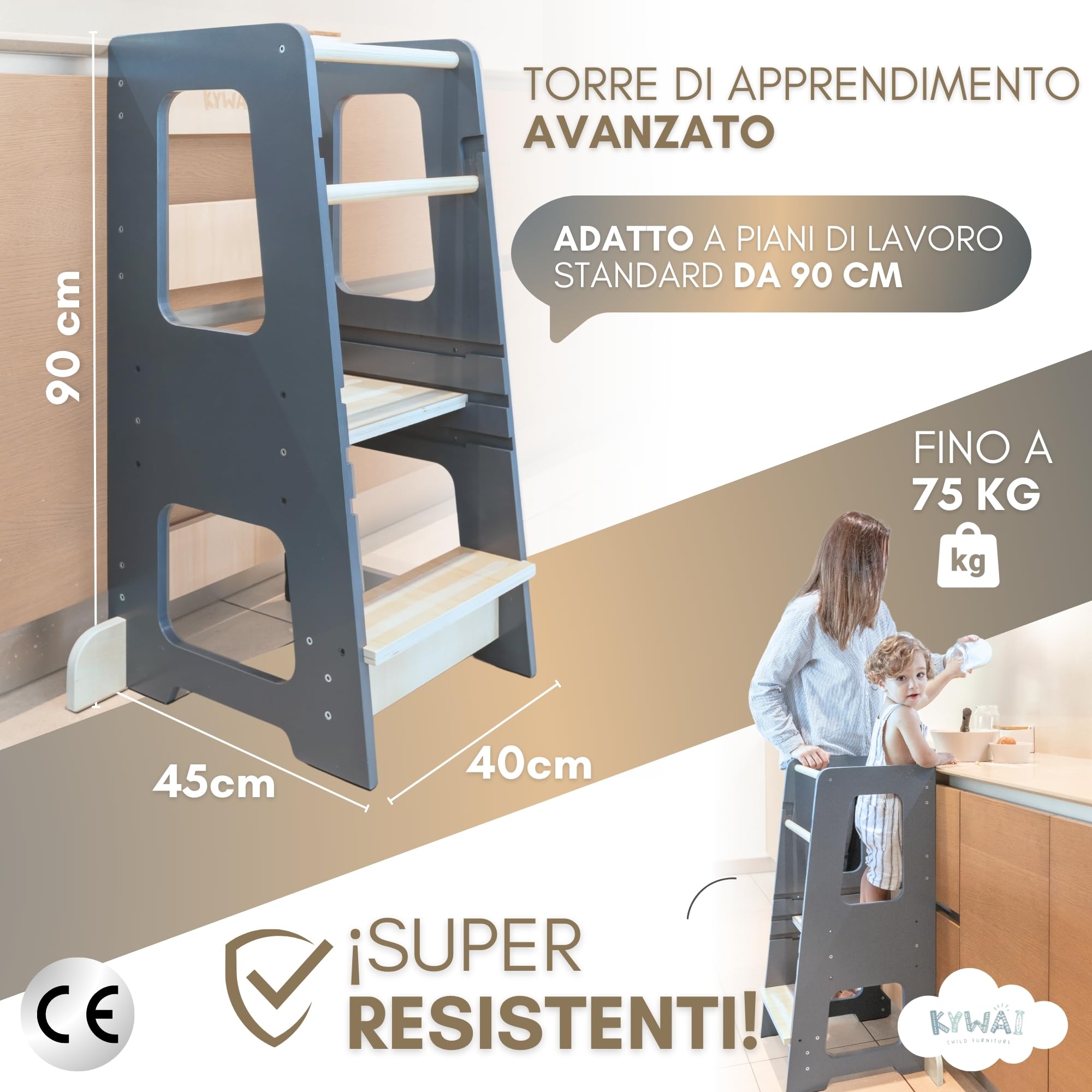 KYWAI ® Torre Montessoriana bambini in Legno - Torretta Montessoriana - Torre Montessori - Scaletta Bambini - Learning Tower - Scaletta Montessori per bambini (Grigio)