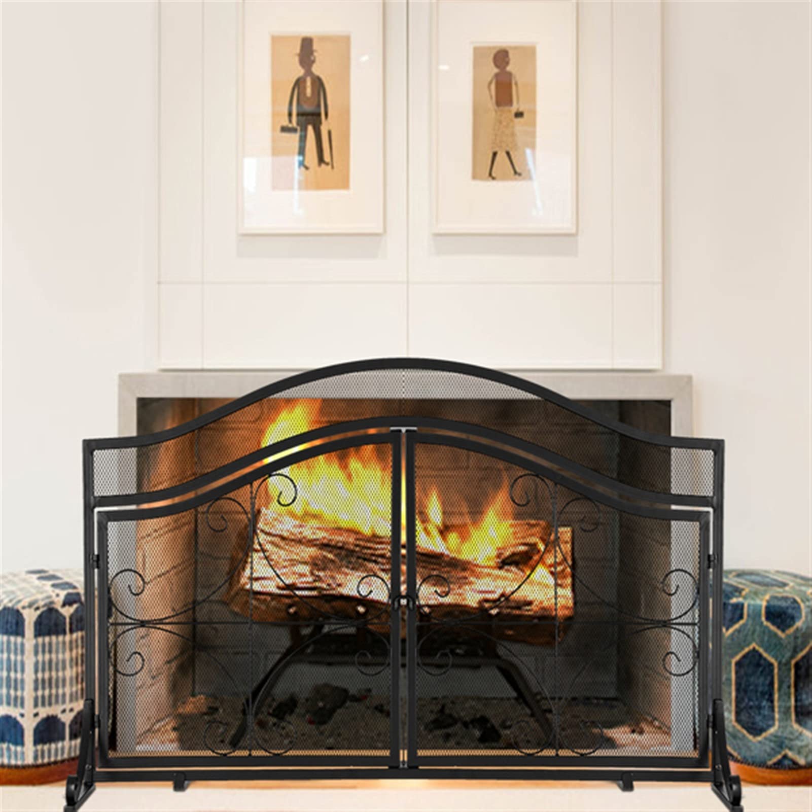 Schermi per Caminetti di Guardia Nero con doppia porta magnetica con motivo a diamante Barbecue Decorazione soggiorno in ferro battuto Schermo camino in ferro battuto Accessori per Caminetti in Rete D